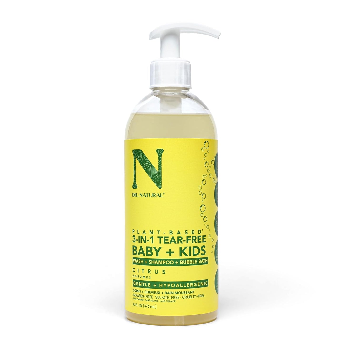 Dr. Natural 3-in-1 Tear-Free Baby Plus Kids Soap - Head-to-Toe Soap and Shampoo - Sensitive Skin Moisturizing Body Wash - Citrus - 16 oz