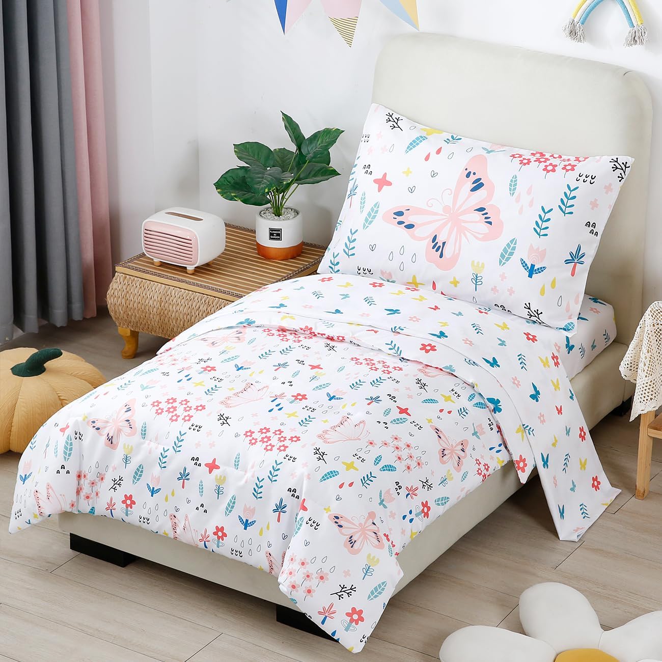 PERFEMET Girls Floral Comforter Set 4 Pieces Flower Bedding Set for Twin Bed Botanical Trees Leaves Butterfly Pattern Comforter for Teens Kids Bed in a Bag for All Seasons(White, Twin)