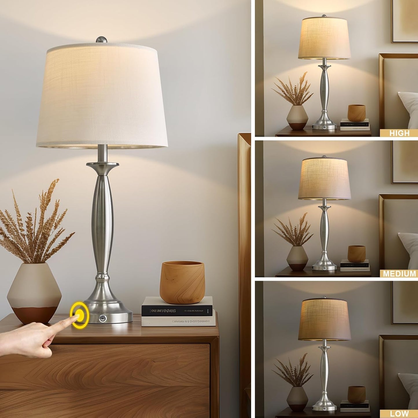 Oneach 28“Table Lamps Set of 2, 3-Way Dimmable Touch Control Bedside Lamps, USB Living Room Lamps, Modern Lamps for Living Room Bedroom Nightstand Silver (Bulb Included)