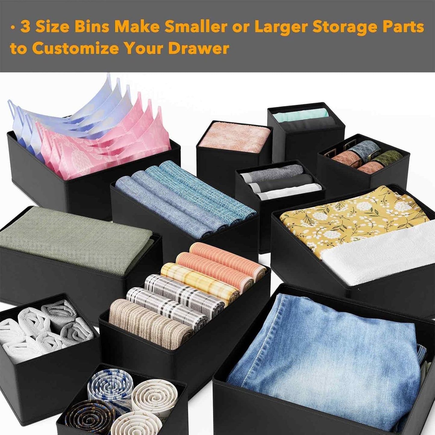 SpaceAid Drawer Organizer for Clothes, 6 Pack Dresser Drawer Organizer Bins, Closet Organizers and Storage Dividers for Clothing, Underwears, Socks (Black)