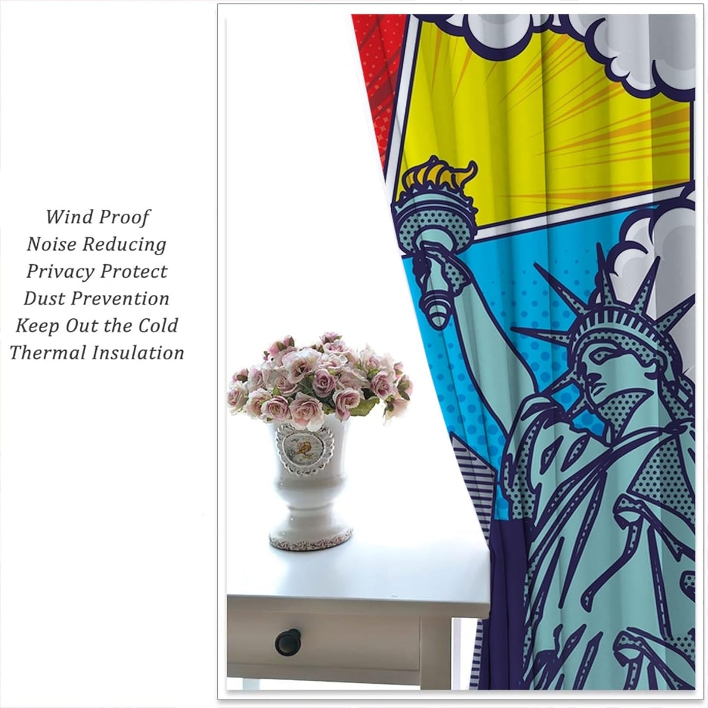 City Rod Pocket Blackout Curtains for Boy Girl Bedroom, Pop Art Style New York Cityscape Home Energy Efficient Light Filtering Window Curtain for Living Room, 84x63 inch