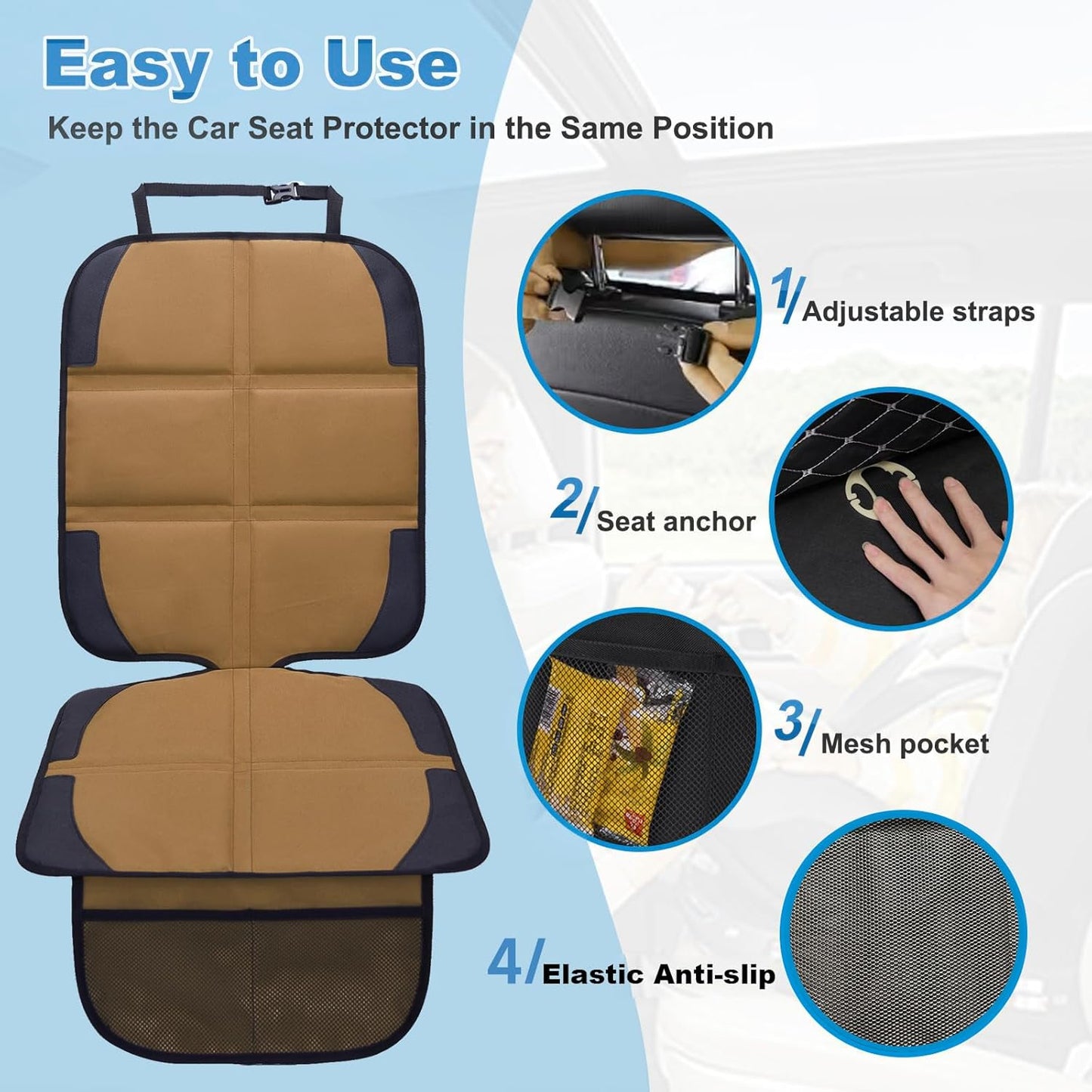 Car Seat Protector for Child Car Seat, 2 Pack Baby Car Seat Covers with Mesh Pockets & Non-Slip Backing 600D Durable Seat Protector