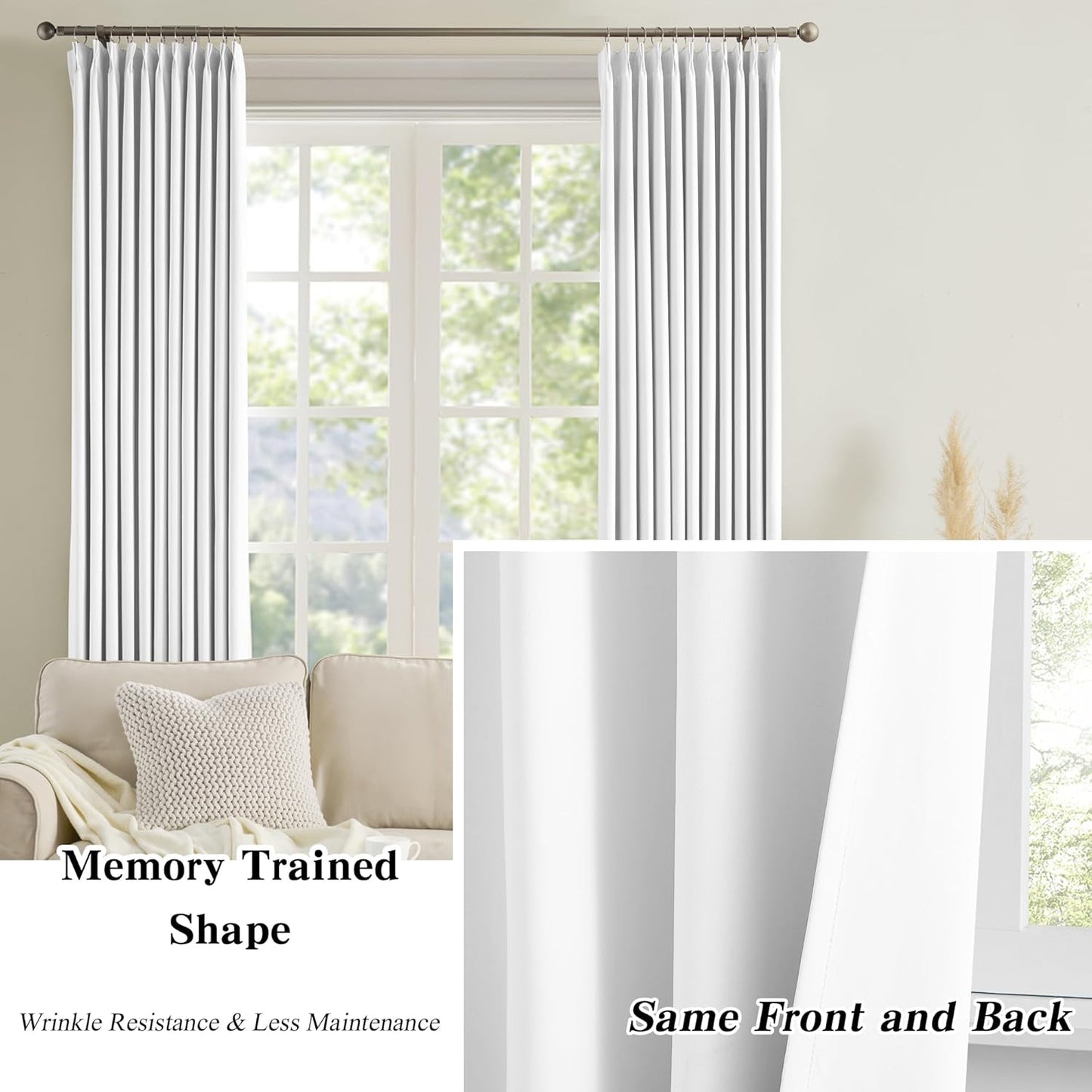 KEQIAOSUOCAI Elegant Pleated Privacy Window Curtain Panels 96 Inches Long, Memory Shape Pinch Pleat Ceiling to Floor Fancy Draperies for Home Office Living Room 40 Inch Wide Each Panel,Set of 2,White