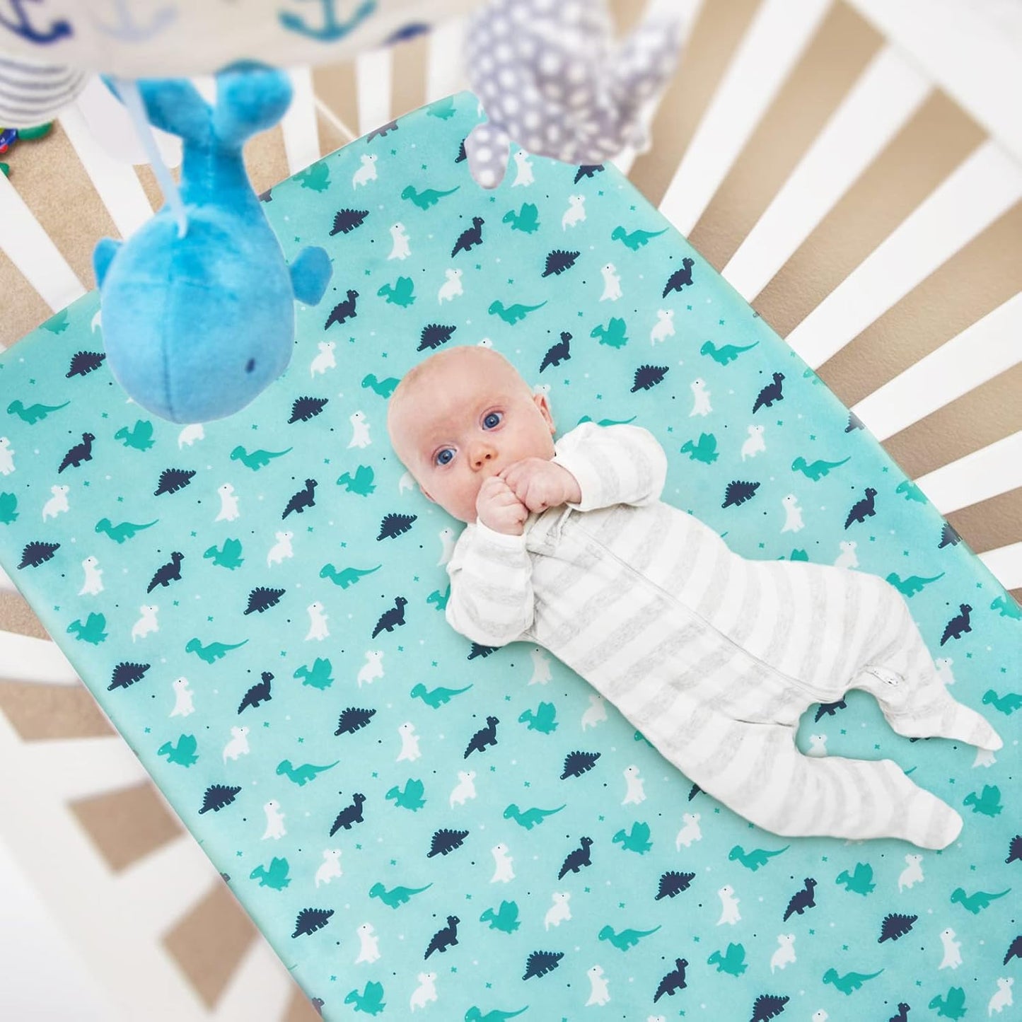 SPRINGSPIRIT Pack and Play Sheets, Pack n Play Sheets Ultra Soft, Mini Crib Sheets 4 Pack, Pack n Play Mattresses Sheets Compatible with Graco Pack n Play, Soft and Breathable, Aqua, Aqua + White