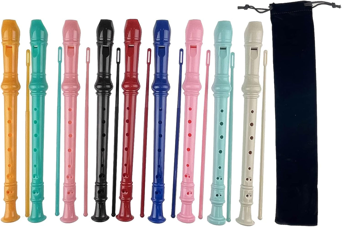 9 Pack ABS German Style 8 Hole Descant Soprano Recorders with Cleaning Rod, Black Storage Bag (Multicolor-9 pack)