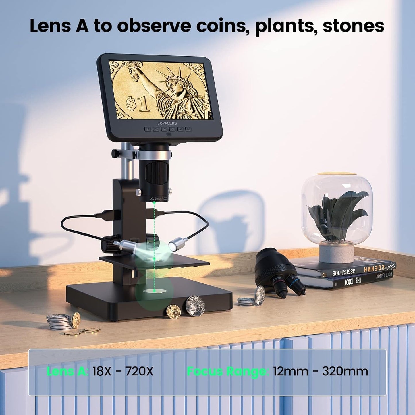 JL246PS 3 Lens 7'' HDMI Digital Microscope 4000X, Biological Microscope for Adults Kids with Prepared Slides, UHD 2160P Video, Full Coin Microscope for Error Coins, Windows Compatible, 32GB