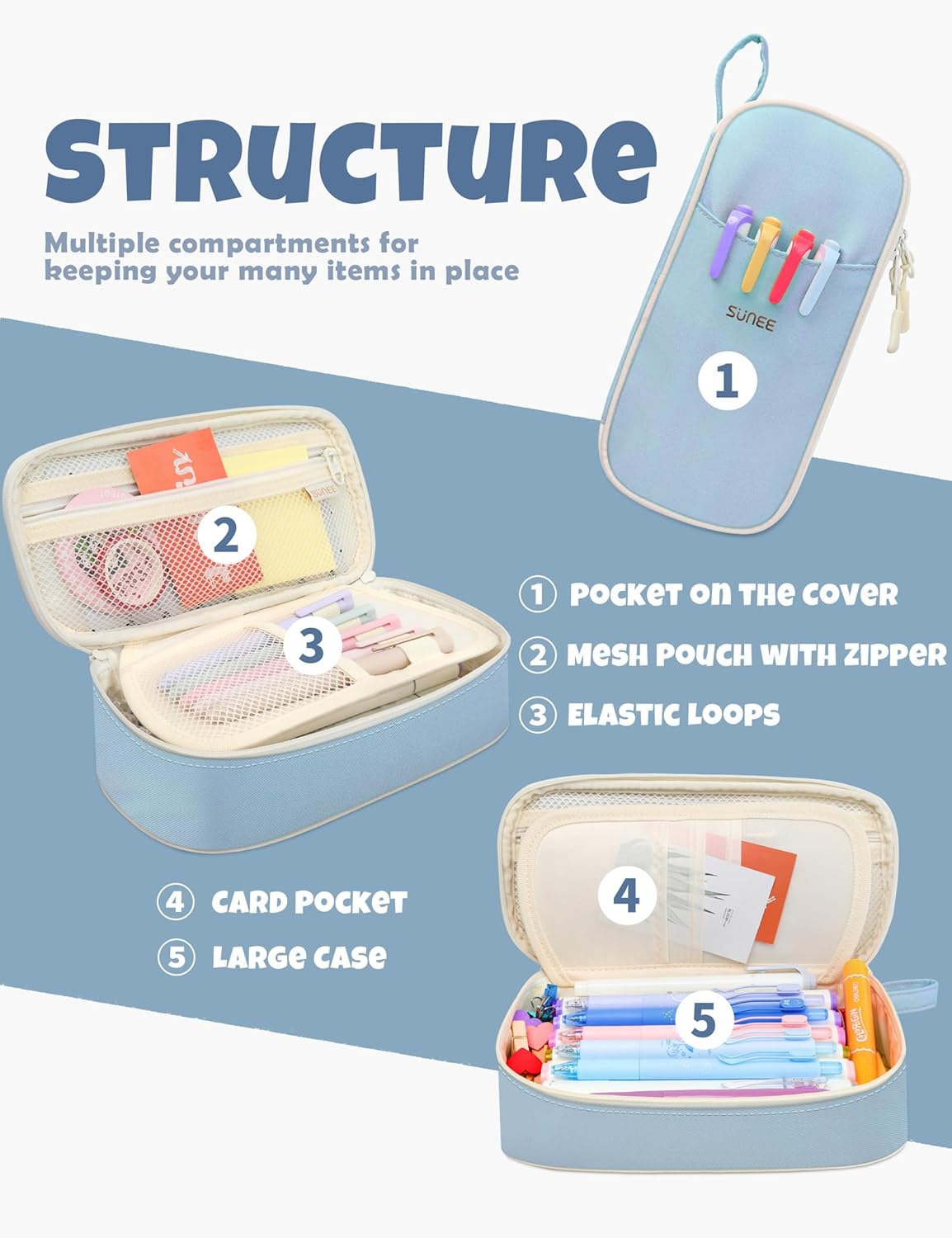 SUNEE Large Pencil Case, Cute Pen Pouch, Aesthetic Zipper Stationery Bag Large Capacity Kawaii Pen Organizer, Blue, Bag Organiser