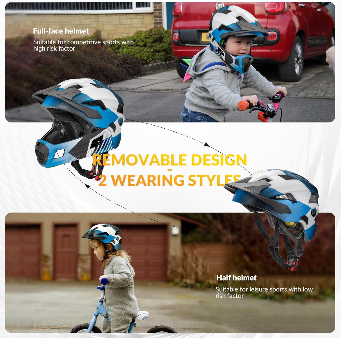 ROCKBROS Kids Bike Helmet Adjustable Detachable Full Face Bike Helmet for Children Bicycle, Skateboard, Scooter, Protective Gear