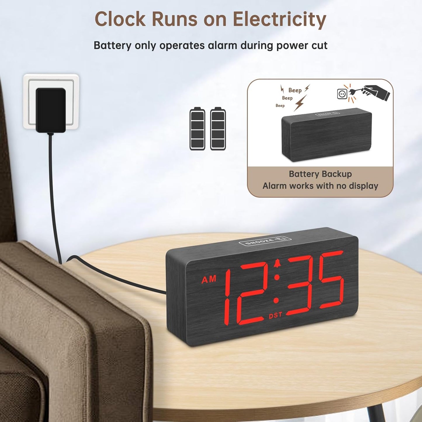 DreamSky Wooden Digital Alarm Clock for Bedroom - Desk Clocks for Living Room with Large Numbers, Loud Alarm for Heavy Sleepers with Volume Control, Dimmer, DST, Office Wood Decor (Adapter Powered)