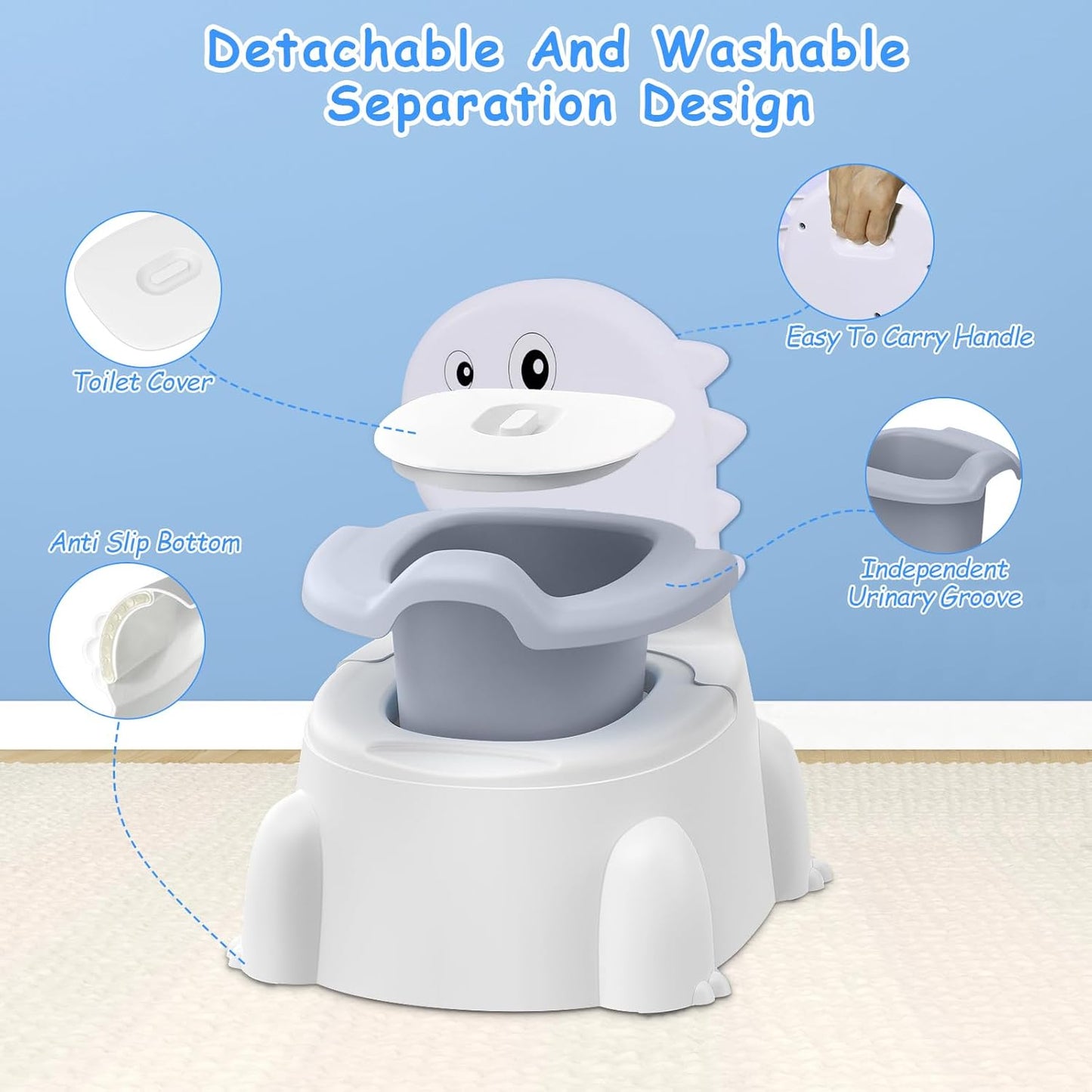 Potty Seat Baby Training Chair Boys Girls Toddler Dinosaur Comfortable children 1-5 years old Baby toilet Animal seat with lid back potty trainer (Grey)
