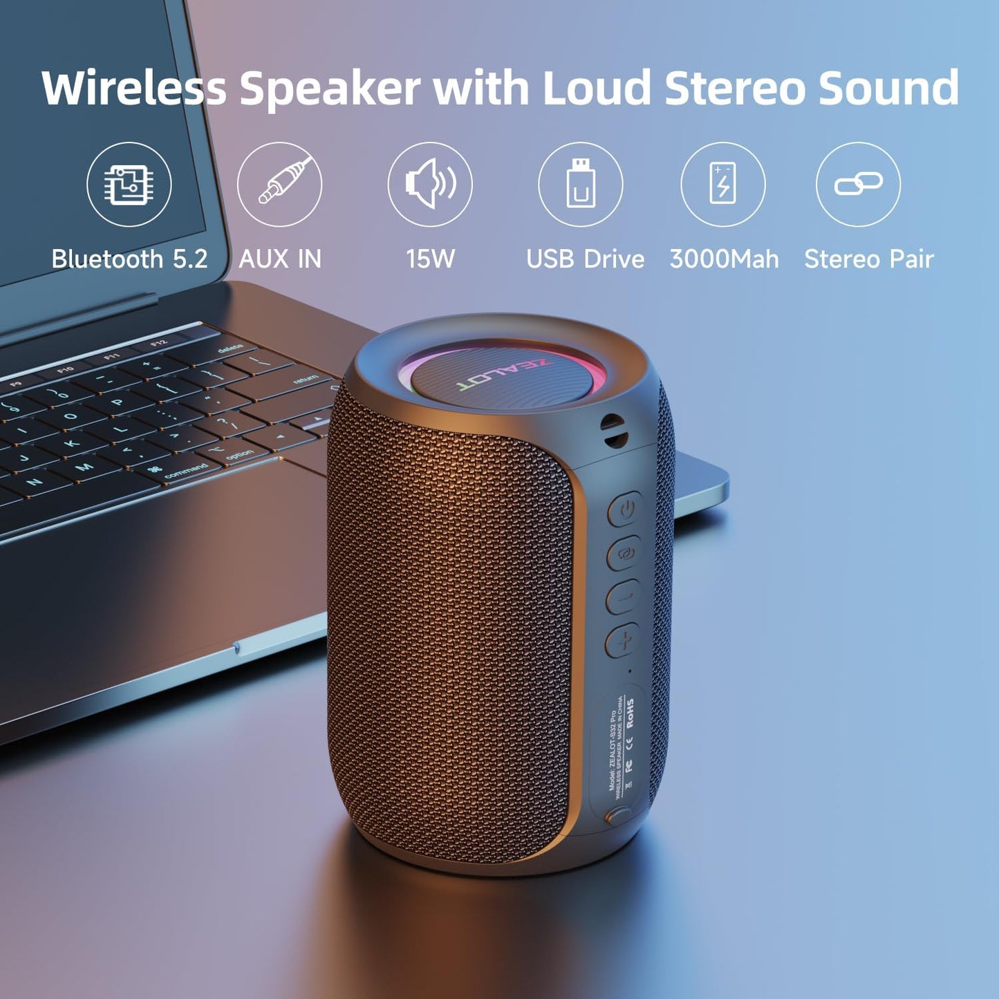 ZEALOT Bluetooth Speaker for Kid, Speakers Bluetooth Wireless, S32pro 15W Outdoor Portable Speaker, BT5.3/ USB/TF/AUX, Loud Stereo Sound, Dual Pairing, for Home Party Pool Beach-Black