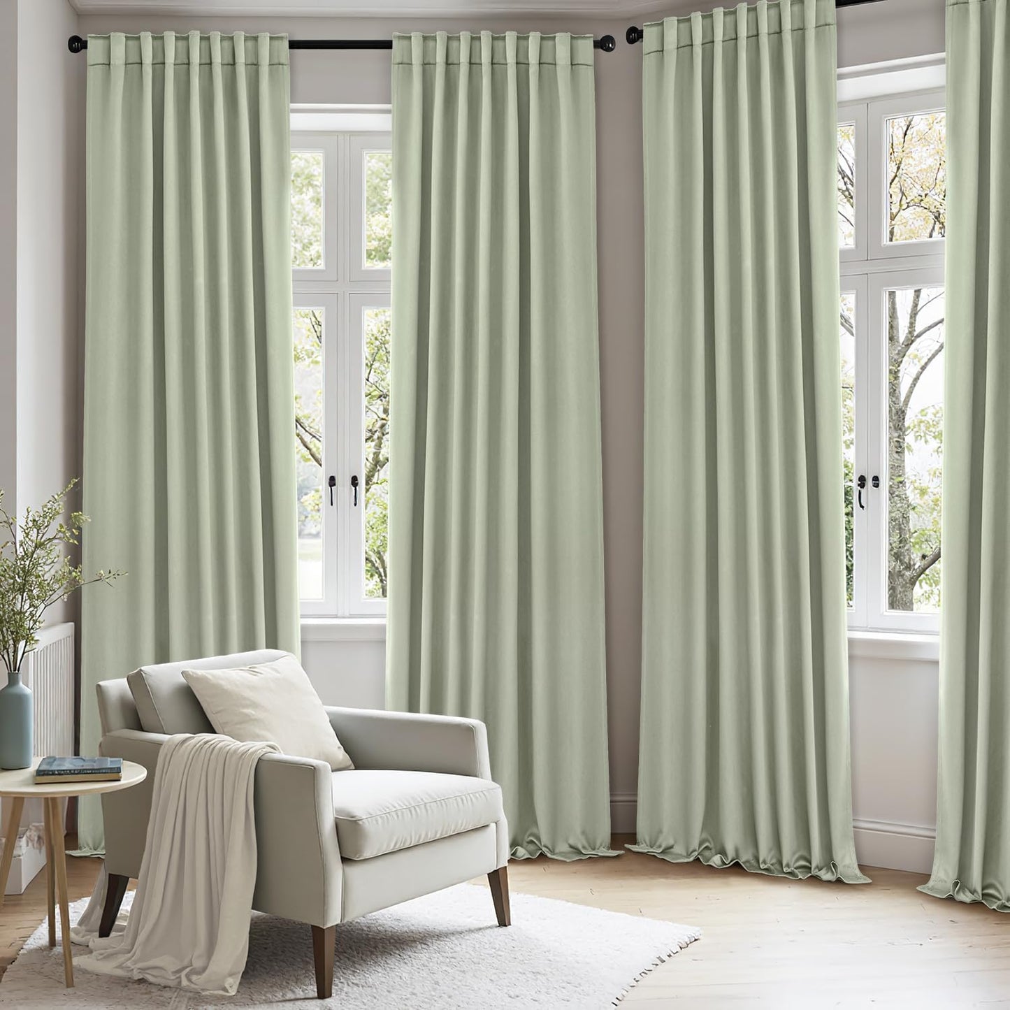ANRODUO 96 Inch Long Blackout Curtains Sage Green Thermal Insulated Room Darkening Drapes with Hooks, Rings, Clips for Living Room Bedroom 2 Panels Set
