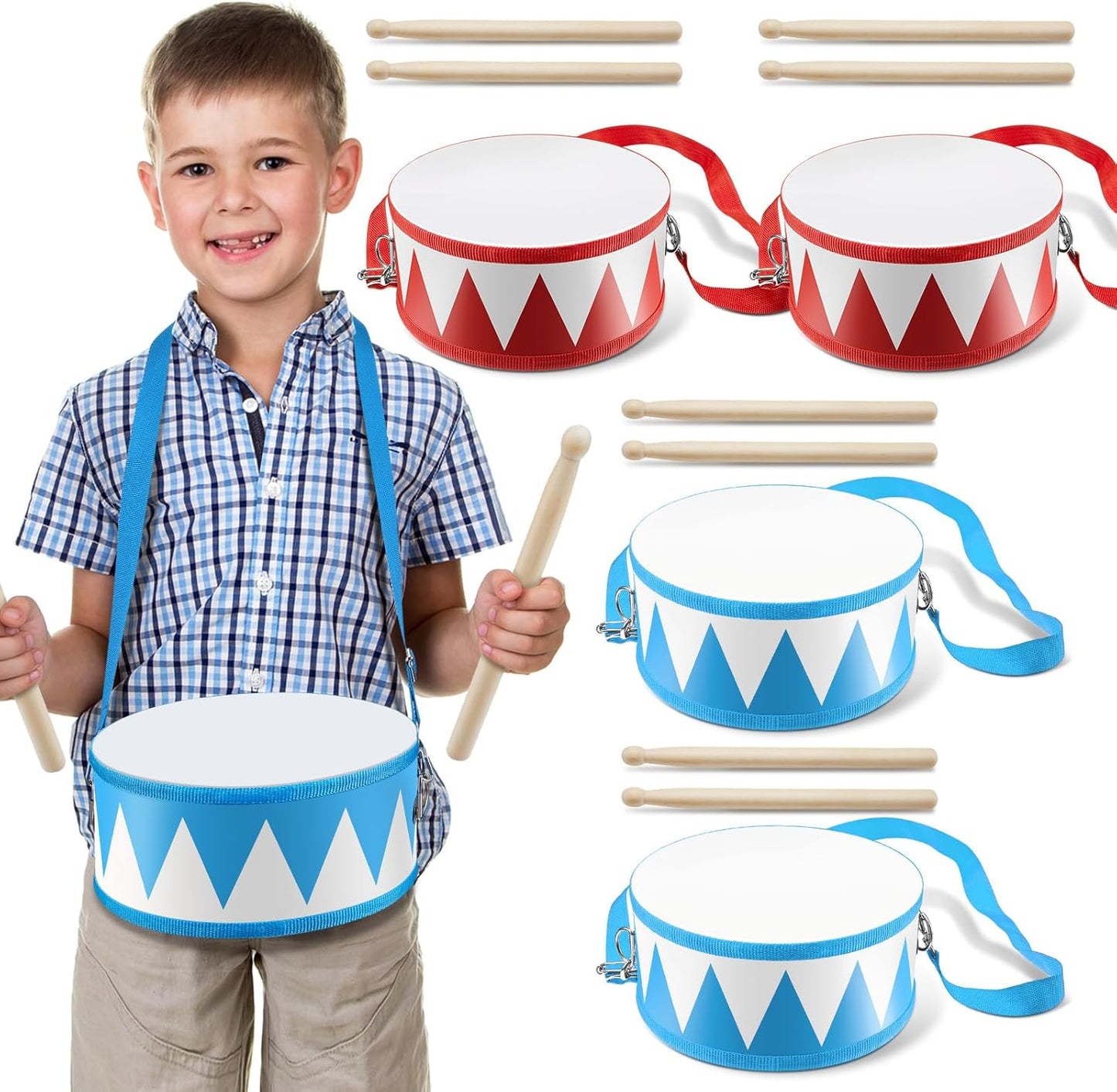 Boao 4 Pcs Kids Drum Set, 8 Inch Toddler Drum Wooden Toy with Adjustable Strap and 4 Drumsticks, Educational Sensory Musical Instrument for Toddlers Kid Baby Boys Girls Gift (Flag)