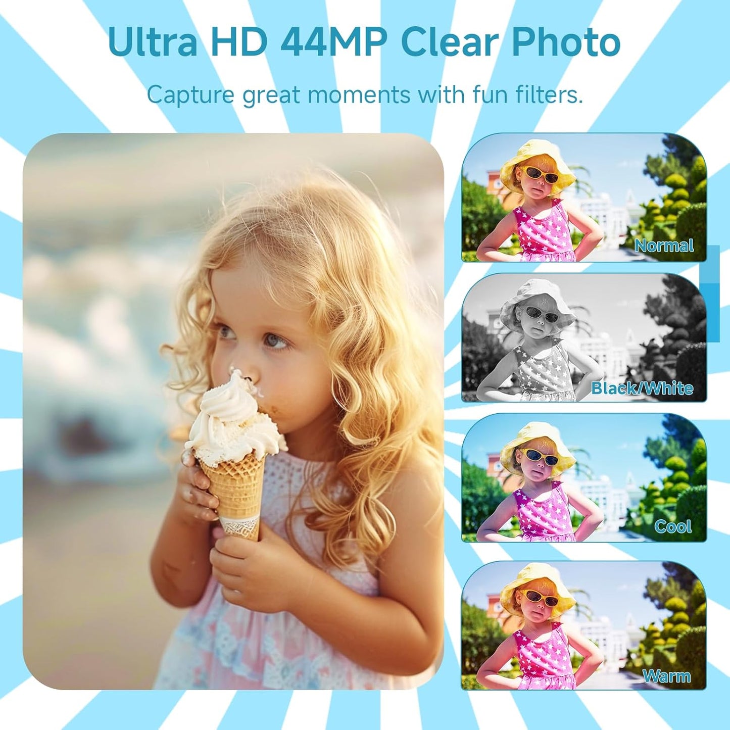 Digital Camera for Teens, FHD 4K 44MP with 64GB SD Card, 16X Digital Zoom, Compact Point Shoot Camera Blue