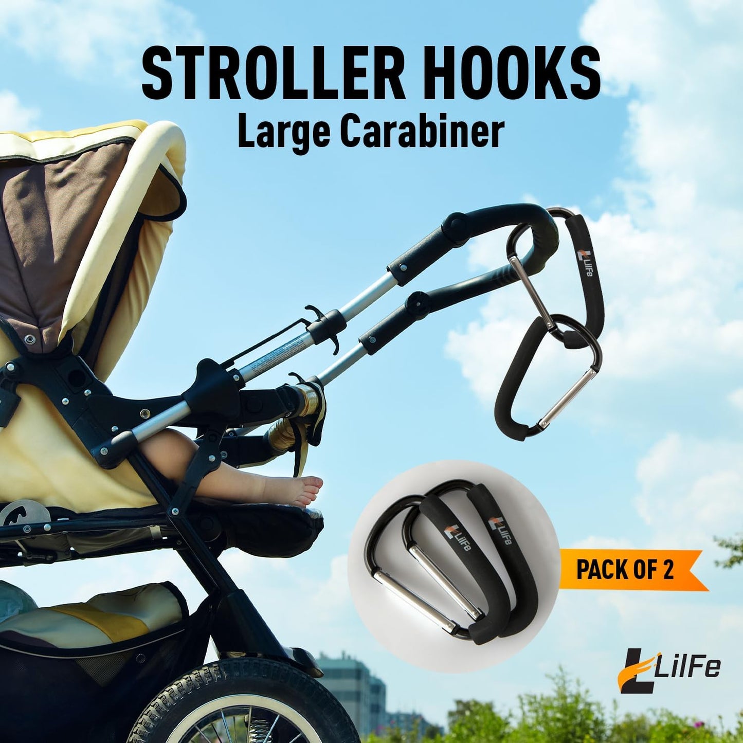 LilFe Stroller Hooks, 6.7" Large Stroller Clip, 2 Pack Large Carabiner Stroller Hooks for Hanging Bags and Shopping, Stroller Accessories for Mommy