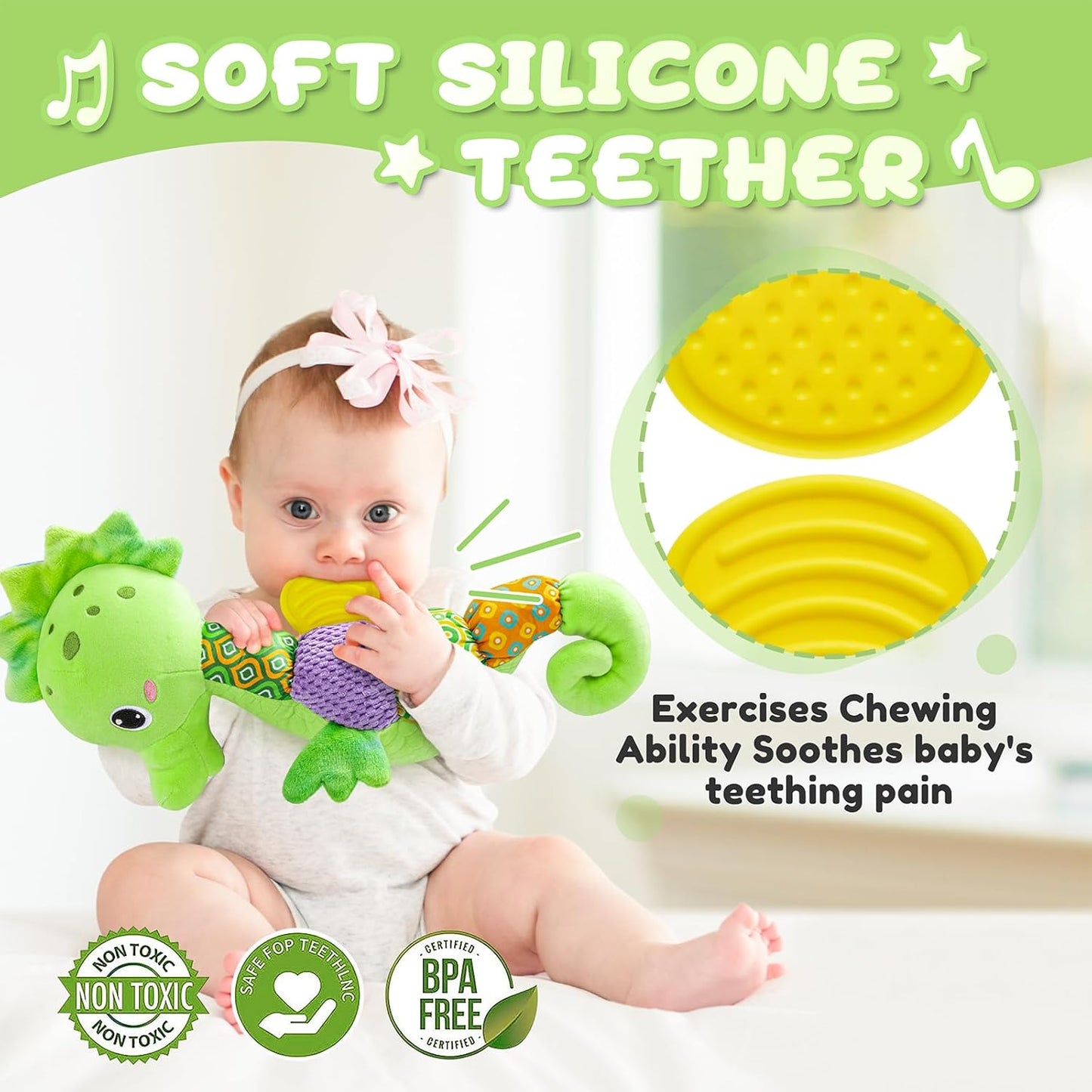 Baby Toys 0 to 12 Months, Musical Stuffed Animal Activity Soft Toys with Multi-Sensory Crinkle, Rattle and Textures, Infant Tummy Time Toys for Newborn Boys Girls, Seahorse, Green