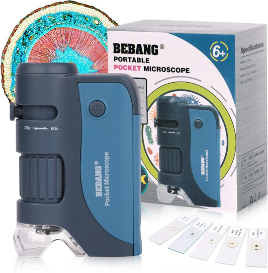 Pocket Microscope, 60x-120x Handheld Mini Microscope Kids with LED Lights, 5 Slides Specimens, BEBANG Portable Microscope for Kids Student Adults Microbiological Observation Lab Study, Educational Kit