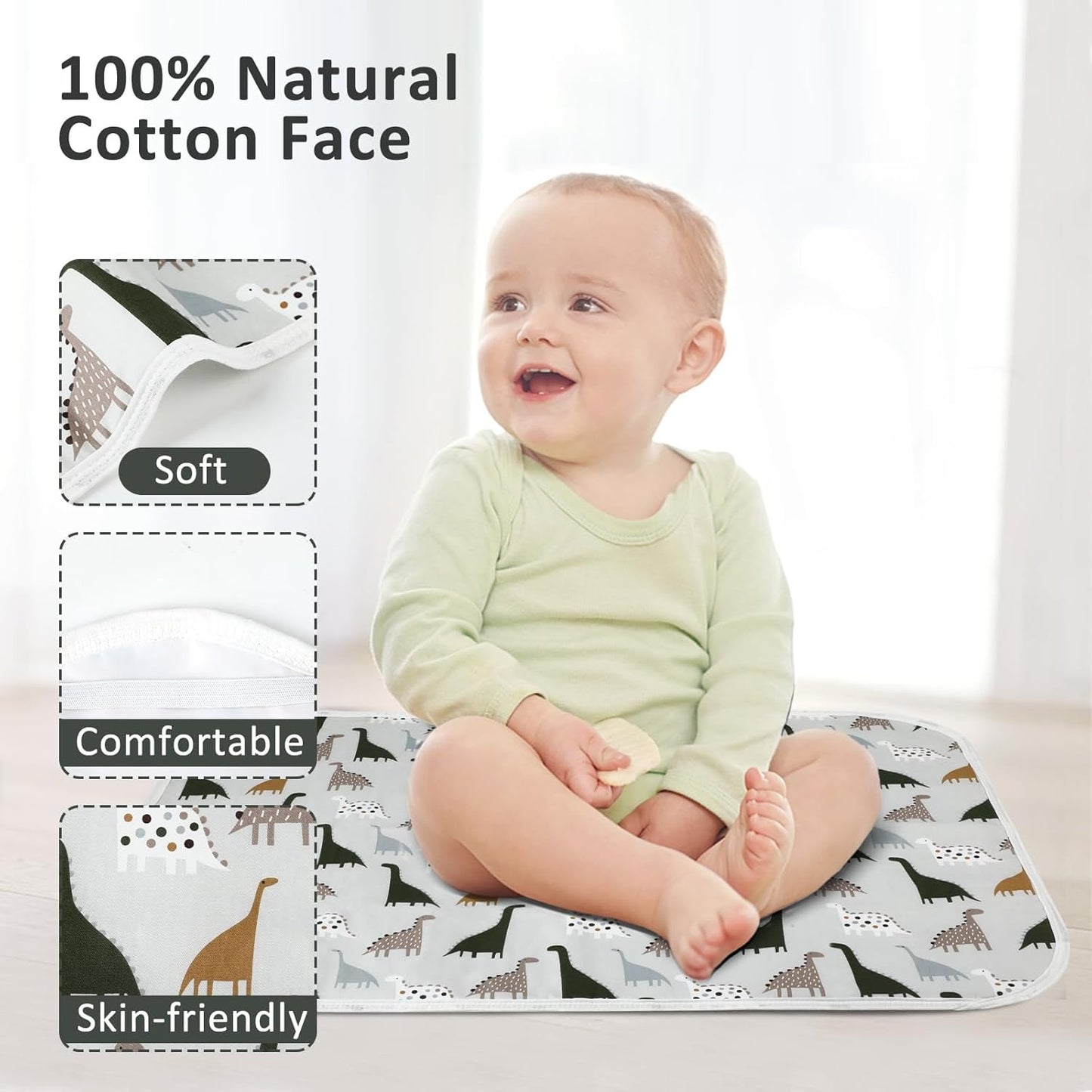 Baby Diaper Changing Pad, 21 5/8" x 31.5" Waterproof Changing Pad Liners - Reusable Soft and Absorbent Portable Changing Mat(Cute Dinosaur1PCS)