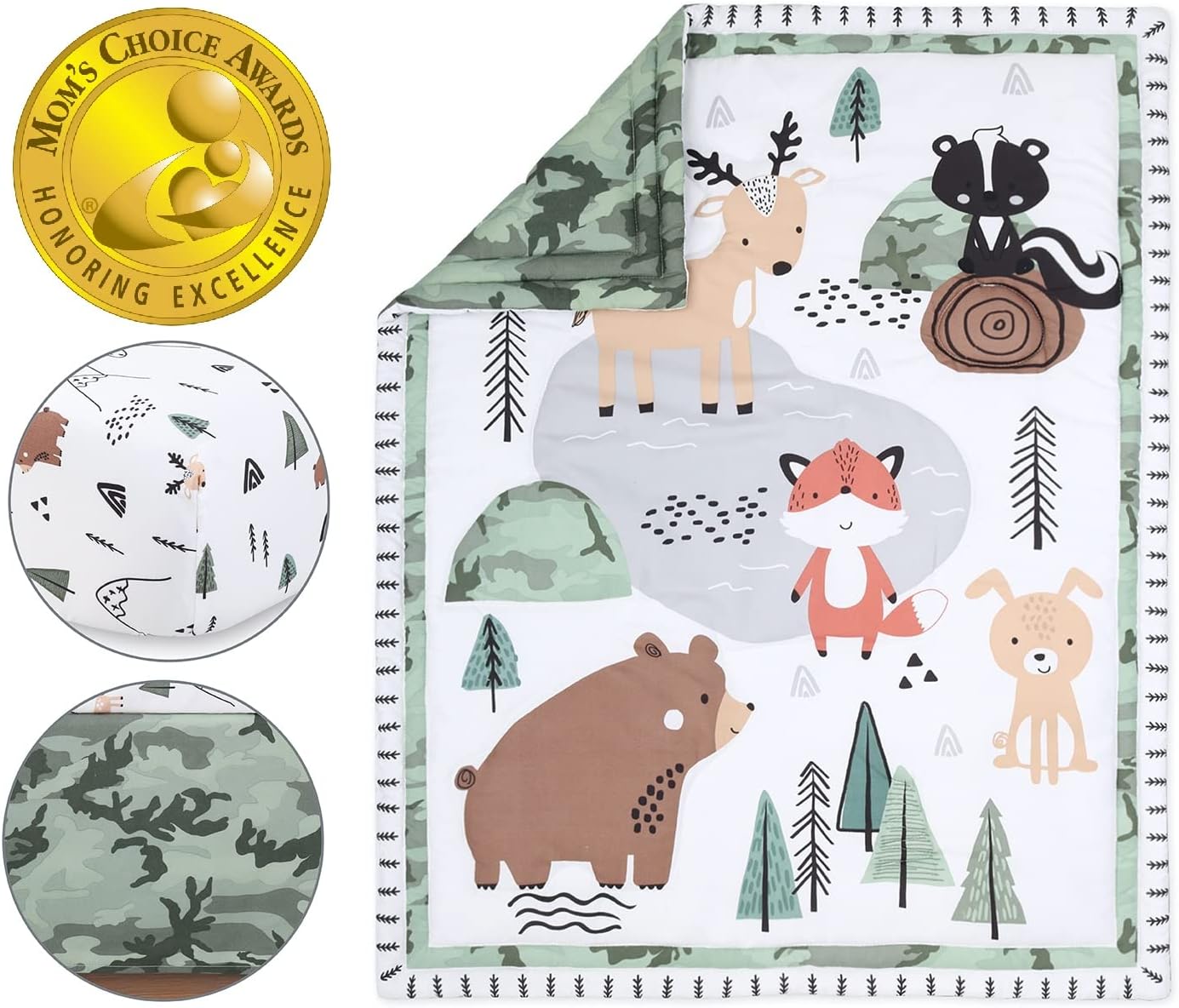 The Peanutshell 3 Piece Baby Crib Bedding Set for Boys - Newborn, Infant & Toddler Nursery Bed Set Decor with Fitted Crib Sheet, Dust Ruffle Comforter - Woodland Camo