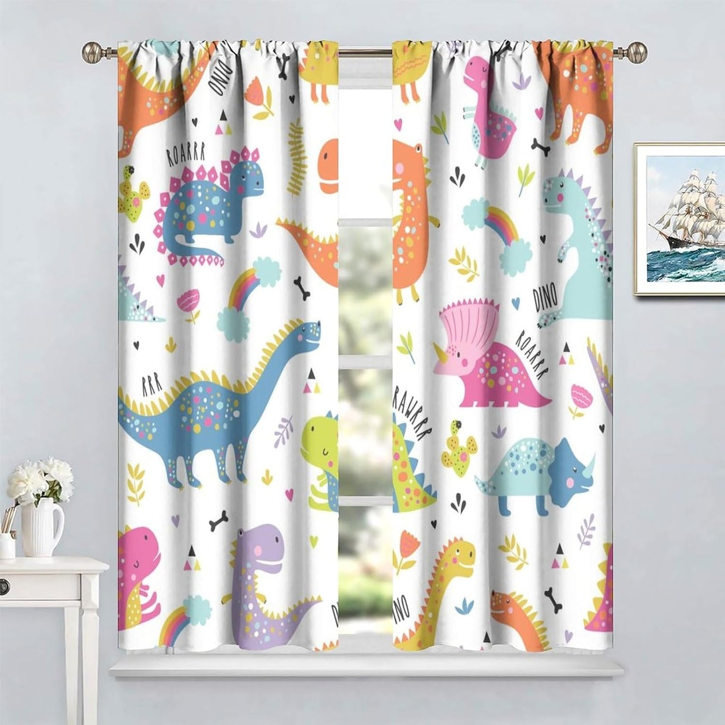 Cartoon Dinosaur Curtains for Boys Girls Home Decor Childish Cute Dino Animals Print Pattern Rod Pocket Blackout Window Drapes for Nursery Baby Bedroom Playroom W21xL45in Decor