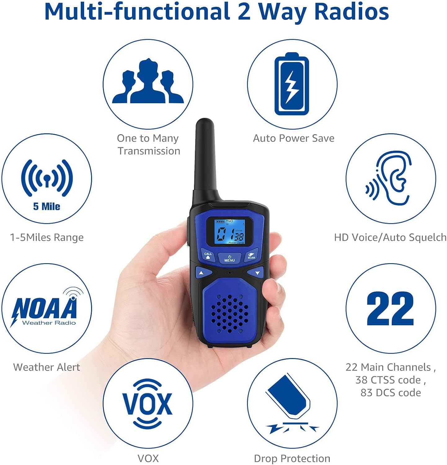 Adult Walkie Talkies 2 Pack, WokTok Rechargeable Long Range Walkie Talkies 2 Way Walkie Talkies, 22 Channels VOX Scanning LCD Display Ideal for Gift Giving, Family Camping and Hiking