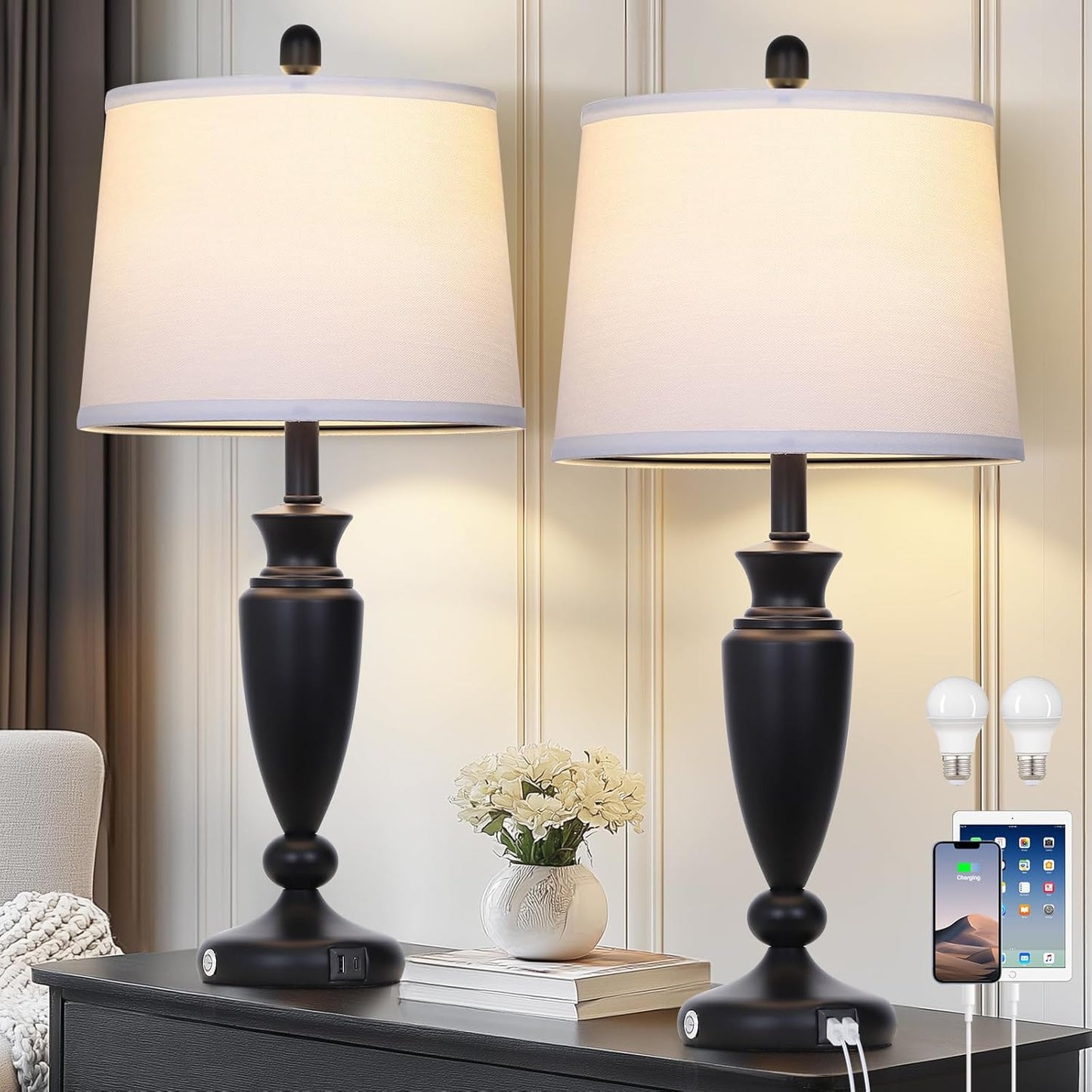 27'' Black Table Lamps Set of 2, 3 Way Touch Control Living Room Lamps with USB A+C Ports, Modern Bedside Lamps, Elegant Metal Nightstand Lamps for Bedroom Office End Table Decoration