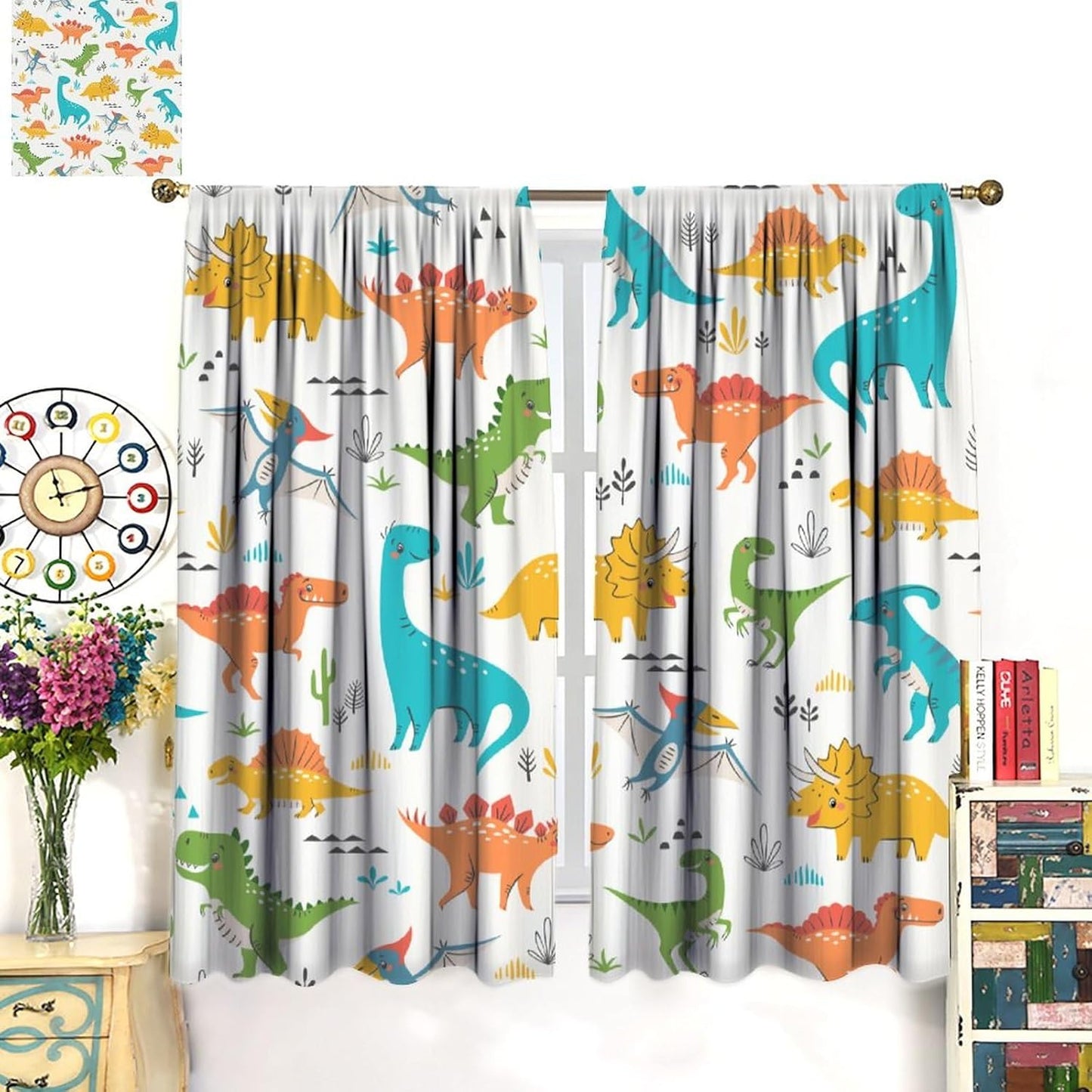Kids Dinosaur Curtains for Boy Girl Bedroom Decor Cartoon Dino Colorful Cute Funny Animal Wildlife Printed Blackout Rod Pocket Window Drapes for Baby Nursery Playroom Living Room W36xL63in 2 Panels