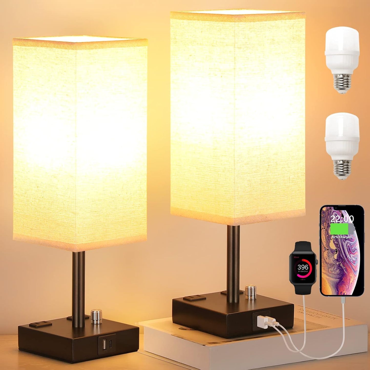 Fully Dimmable Nightstand Lamps Set of 2 - Table Bedside Lamp with USB C+A Charging Ports & 2 AC Outlets, Square Lamp Sets Linen Fabric Shade for Bedroom Living Room(Bulb Included)