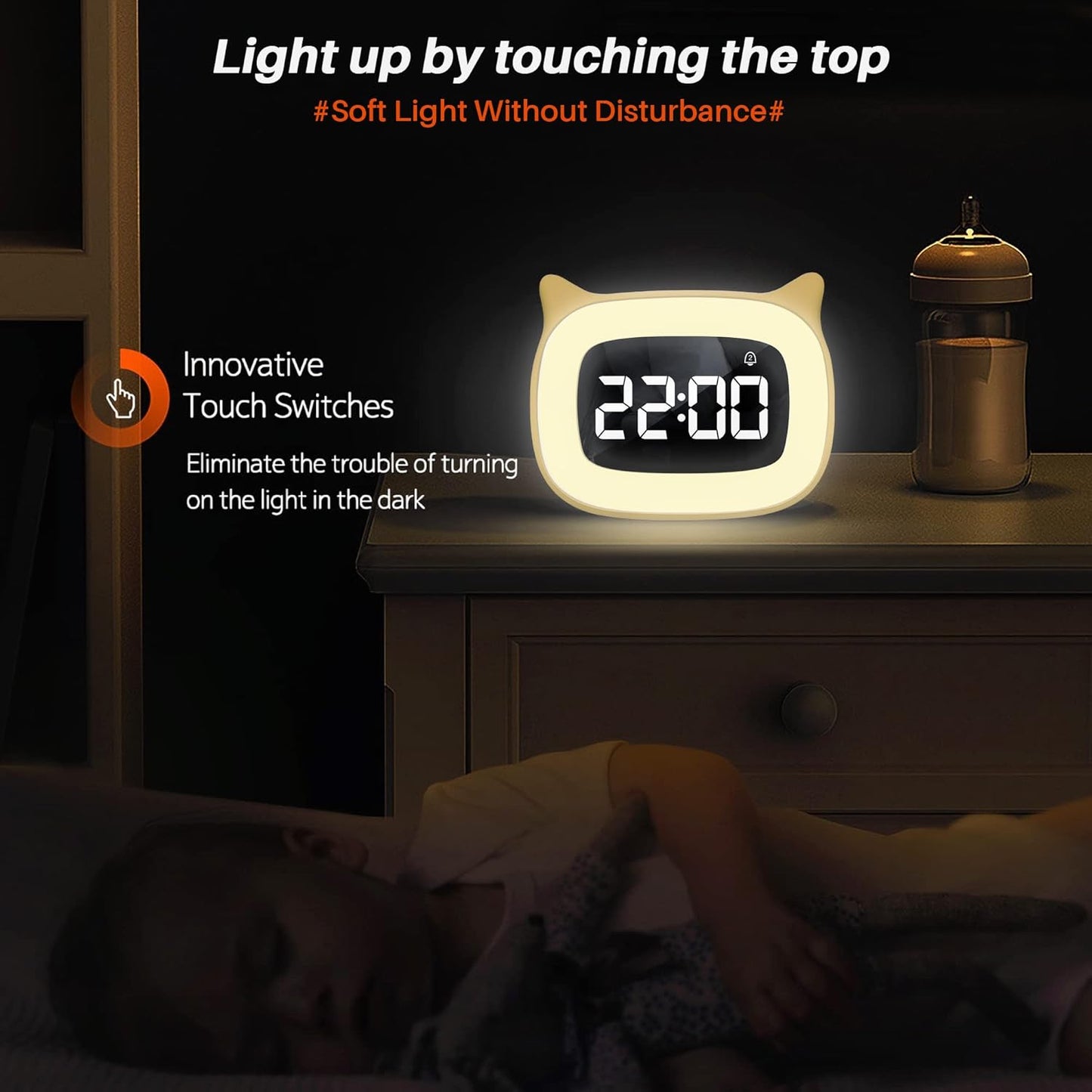 Kids Alarm Clock with Night Light & 18 Ringtones,Rechargeable,Cute Cat Ear Clock for Boys Girls Birthday Presents,Digital Clock for Children's Bedroom(Yellow)