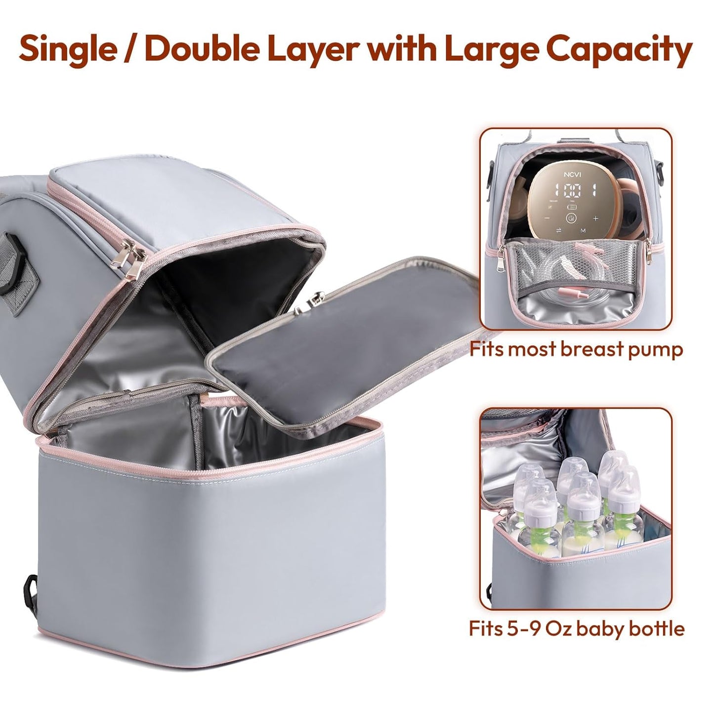 NCVI Breastmilk Cooler Bag with 2 Ice Pack, Breast Pump Bag with Cooler Fits 6 Bottles, Double Layer Breast Milk Baby Bottle Cooler Bag, for Travel, Nursing Mom Daycare, Work, Picnic (Grey)