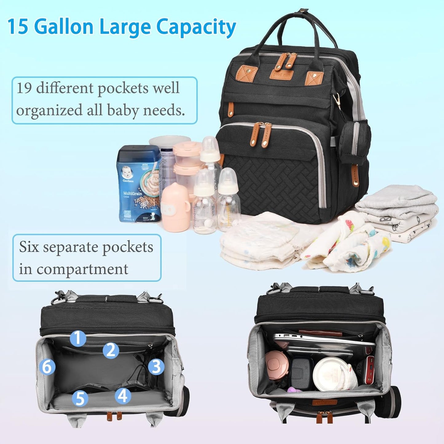 Jeryswet Baby Diaper Bags with Changing Station, Waterproof Large Capacity Diaper Bag Backpack for Moms Dads with USB Charging Port and Stroller Straps, Baby Shower Gifts, Black
