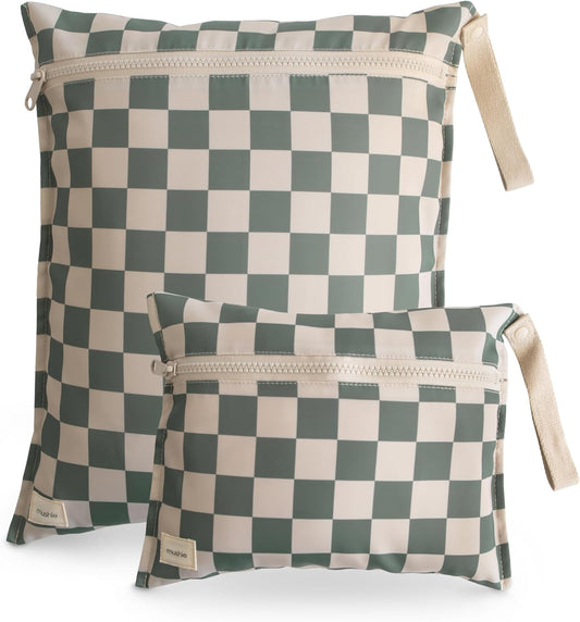 mushie Water Resistant Wet Bags | Large & Small Reusable Storage Bag for Baby Items and Travel | Zippered Pockets with Handle | Machine Washable, Set of 2 (Olive Check)
