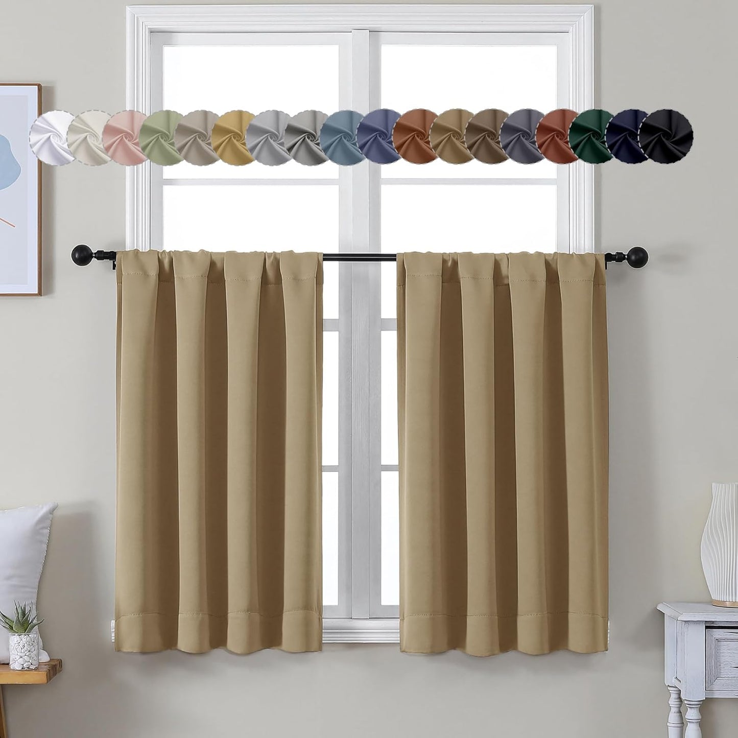 Simplebrand Ava Taupe Short 36 Inches Blackout Curtain 2 Panels Set, Half Window Rod Pocket Privacy Curtain Tiers for Kitchen, Curtains Blackout for Bathroom Shades, W40 x L36 Inch, Taupe