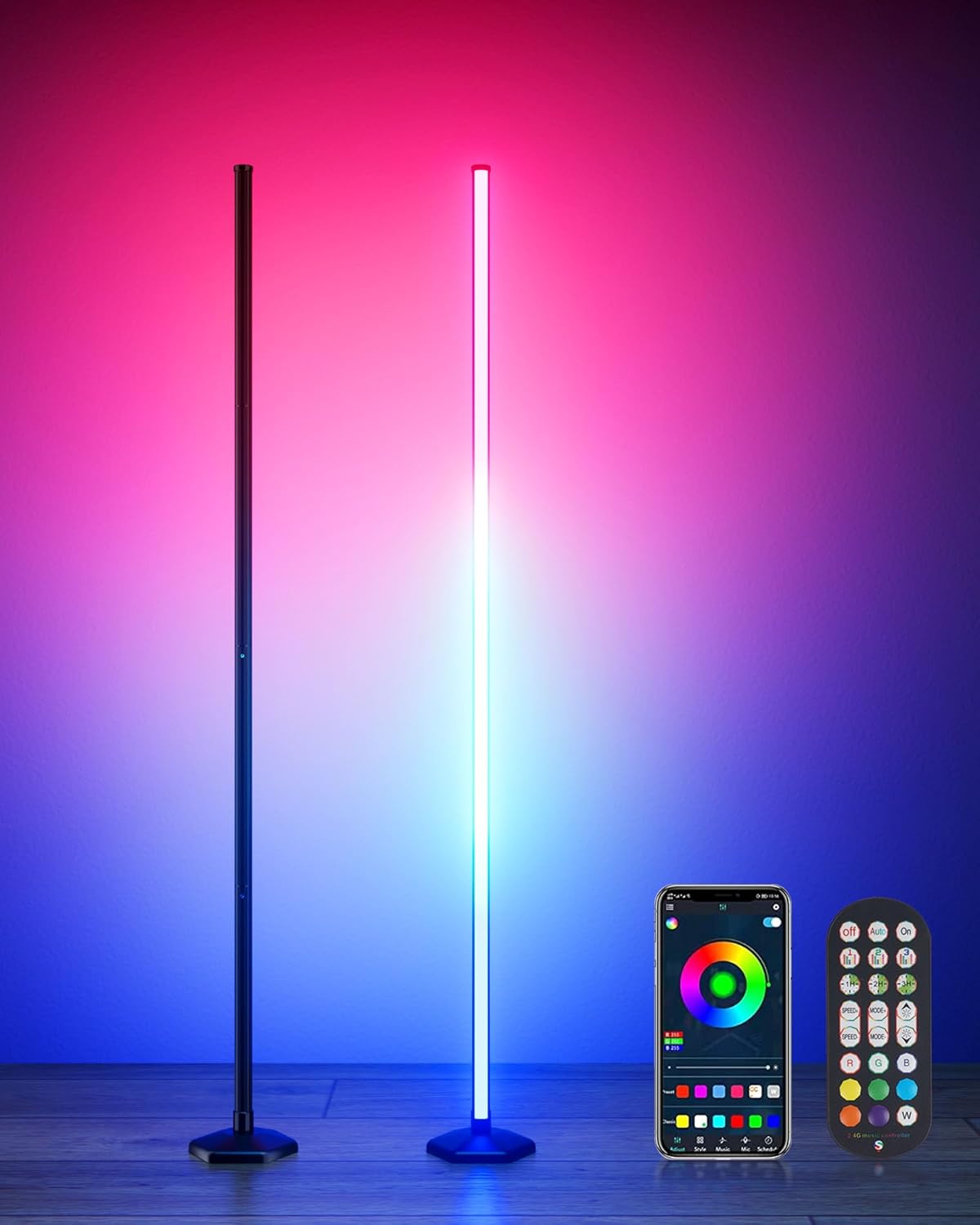 2PCS Smart RGB LED Corner Floor Lamp with App and Remote Control, 65" Color Changing Standing Lamp with Music Sync and 16 Million DIY Colors, Modern Floor Lamps for Bedroom Living Room Gaming Rooms