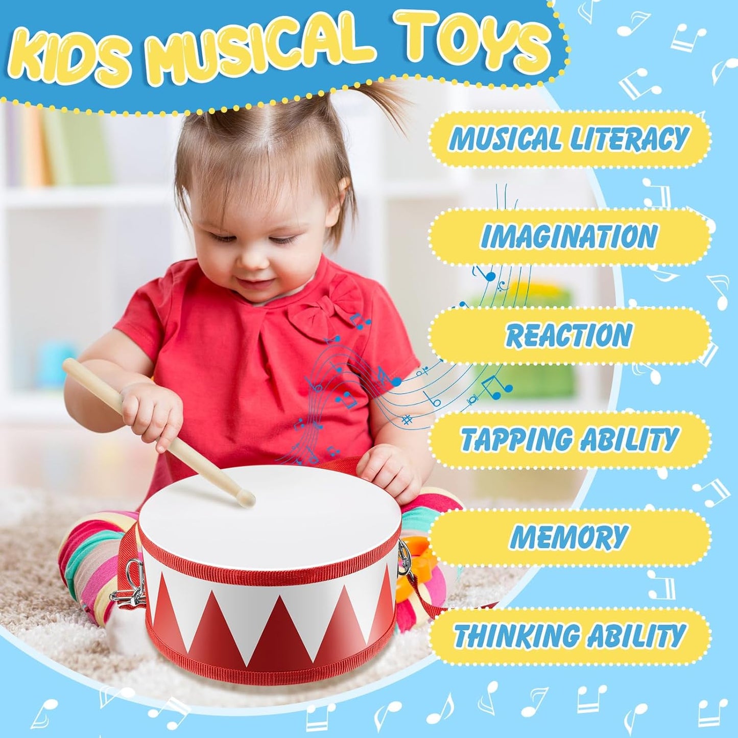 Boao 2 Pcs Kids Drum Set, 8 Inch Toddler Drum Wooden Toy with Adjustable Strap and 4 Drumsticks, Educational Sensory Musical Instrument for Toddlers Kid Baby Boys Girls Gift (Flag)