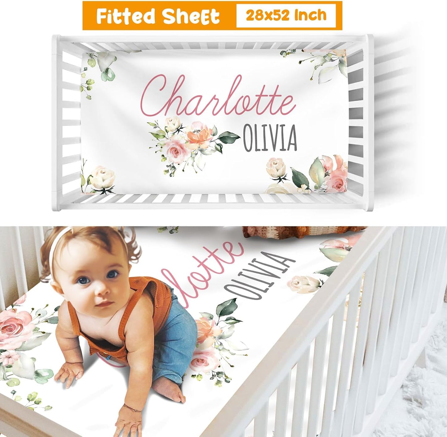 Custom Crib Bedding Set - Highland Cow Design Personalized Name Baby Nursery Bed 3 Pcs Set - Chic Soft Blanket with Dotted Backing, Sheet, Pillowcase for Newborn Girls Boys Gifts Color02