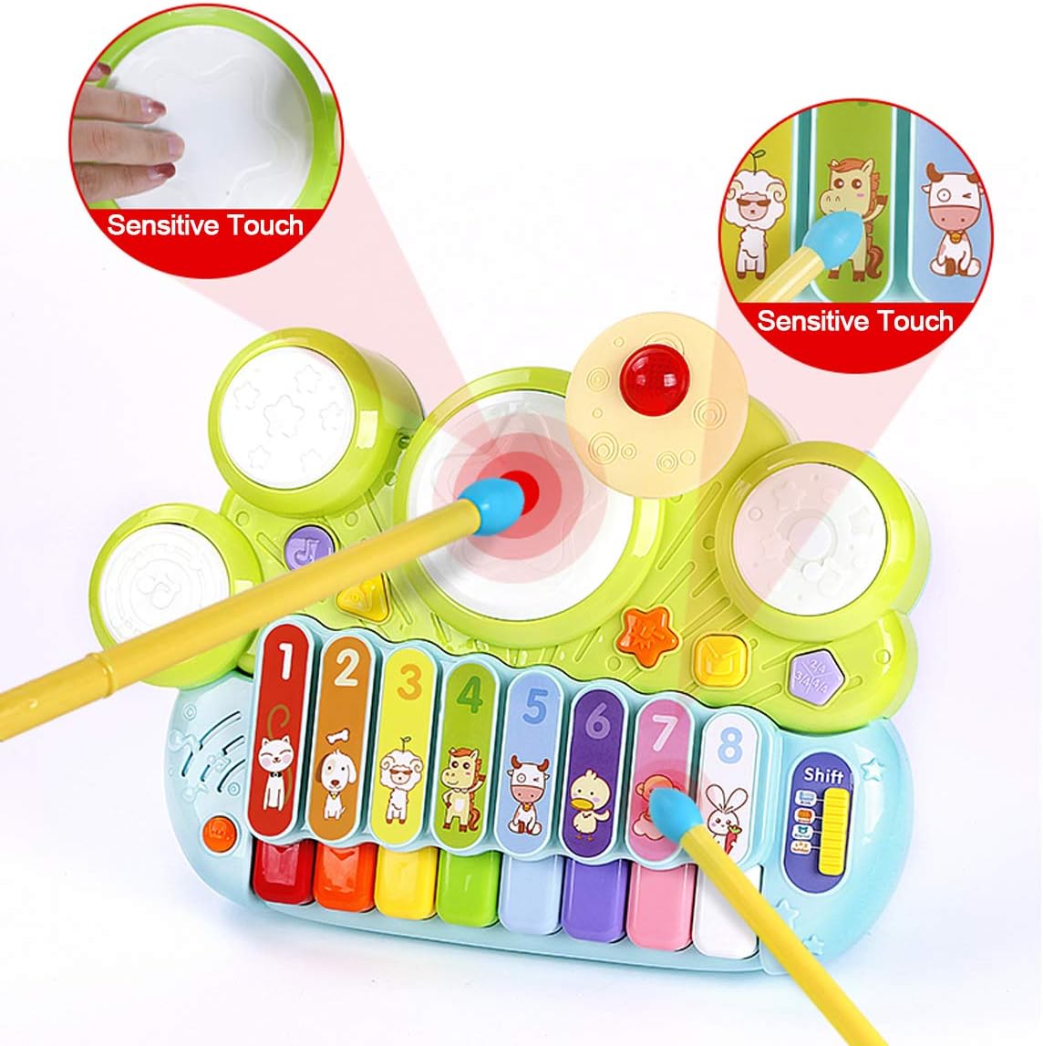 Fisca 3 in 1 Musical Instruments Toys, Electronic Piano Keyboard Xylophone Drum Set - Learning Toys with Lights for Baby & Toddler 1 2 3 Year Old Boys and Girls