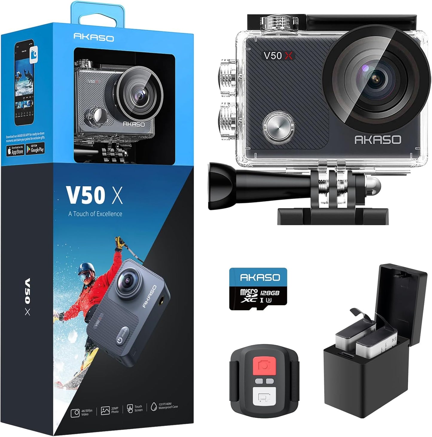 AKASO V50X Native 4K30fps WiFi Action Camera with EIS Touch Screen 4X Zoom 131 feet Waterproof Camera Support External Mic Remote Control with Helmet Accessories (with 128GB MicroSD Card)
