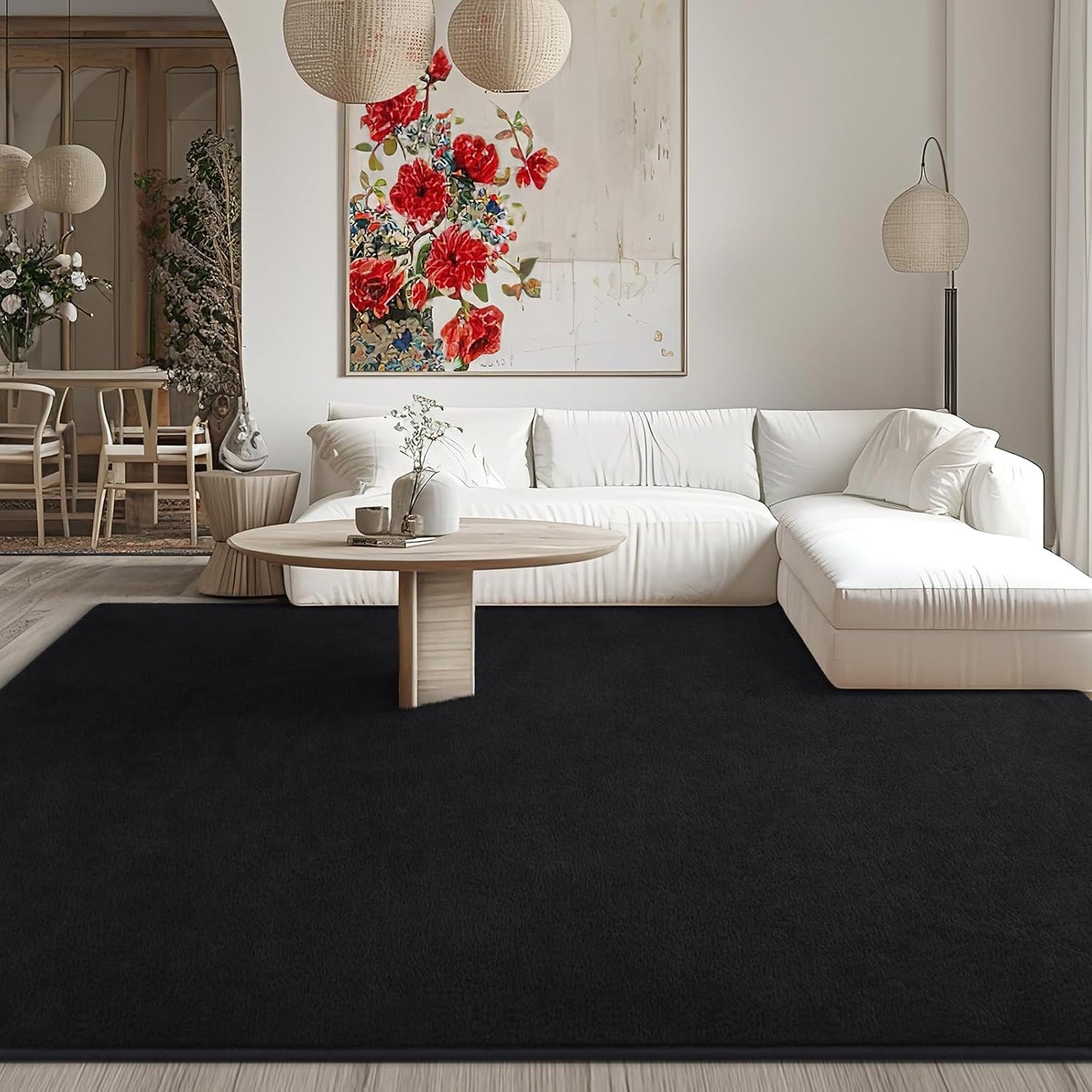Kimicole 7x10 Washable Area Rugs for Living Room Bedroom, Large Low Pile Ulta-Thin Solid Color Rug, Non-Slip Soft Fluffy Carpet for Nursery Kids Room Dorm Room Home Decor (Black)