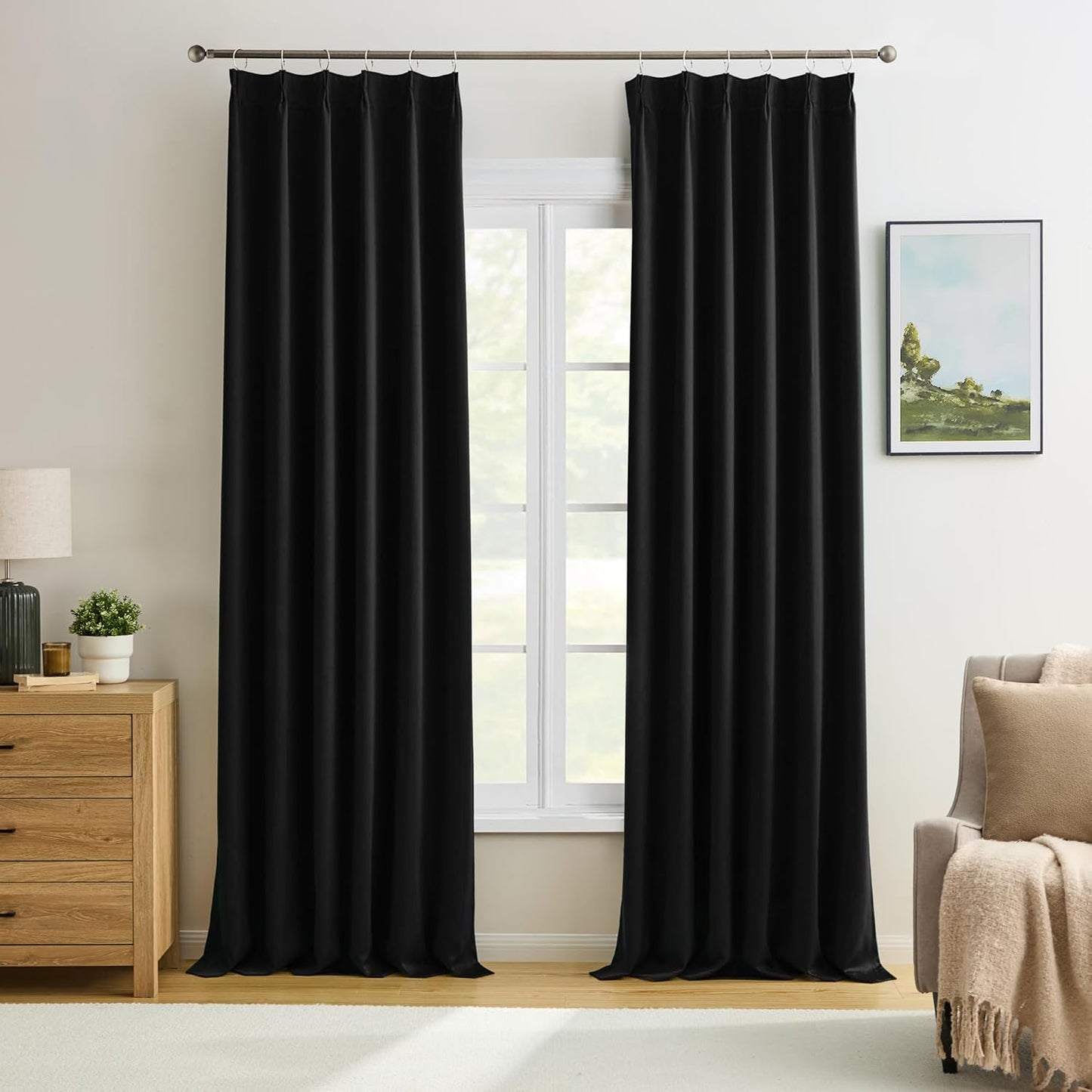 KEQIAOSUOCAI Pinch Pleated Blackout Curtains 96 Inch Long 2 Panels for Bedroom Living Room Thermal Insulated Black Out Window Curtain Pinched Pleat Drape with Hooks (W40 x L96 Inch, Black)