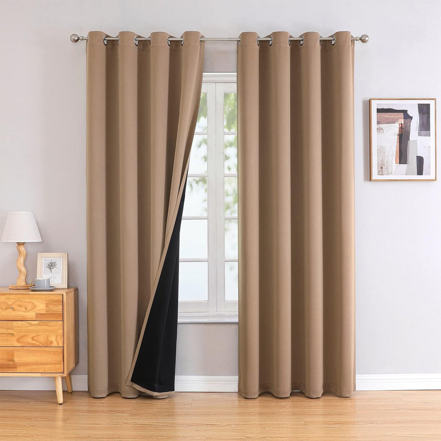 ChrisDowa 100% Blackout Curtains 90 inch Long for Bedroom with Black Liner, 2 Thick Layers Total Blackout Thermal Insulated Grommet Long Window Curtains 2 Panels Set (Cappuccino, 52 x 90 Inch)