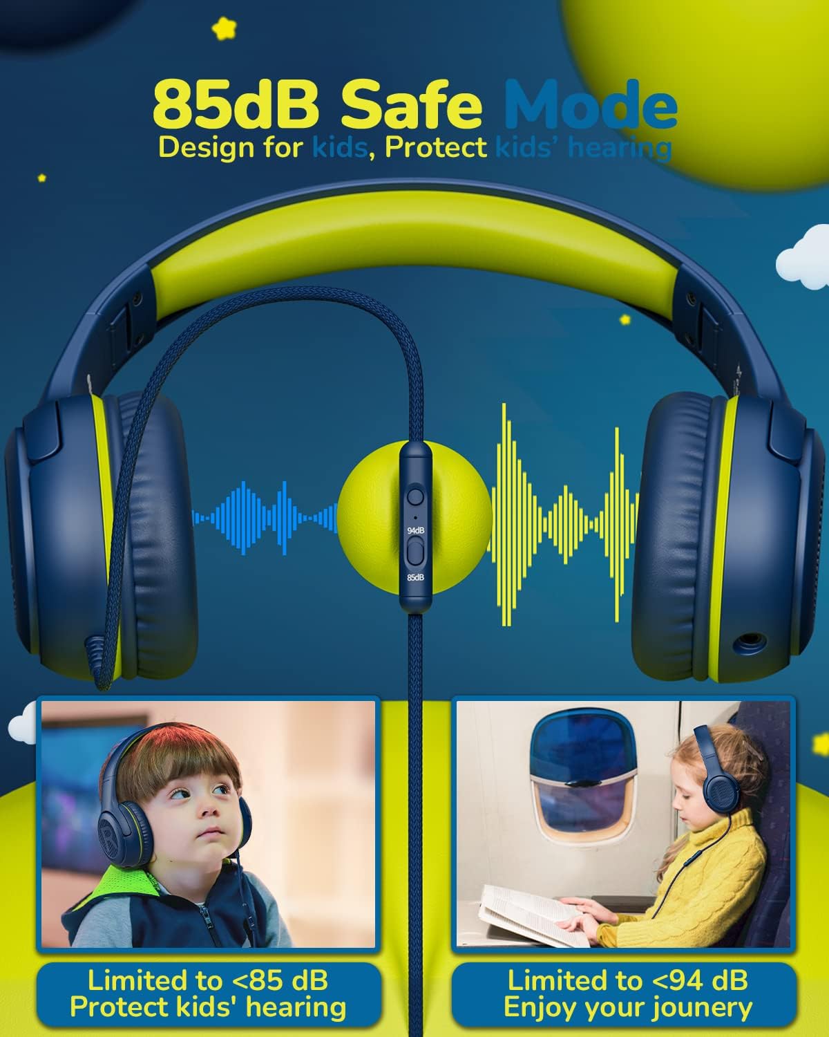 Kids Headphones Wired Toddler Headphones with Microphone, Over-Ear Headphones, 85/94dB Volume-Limiting, 3.5mm Jack, Foldable On-Ear Design (Bluegreen+Pink)