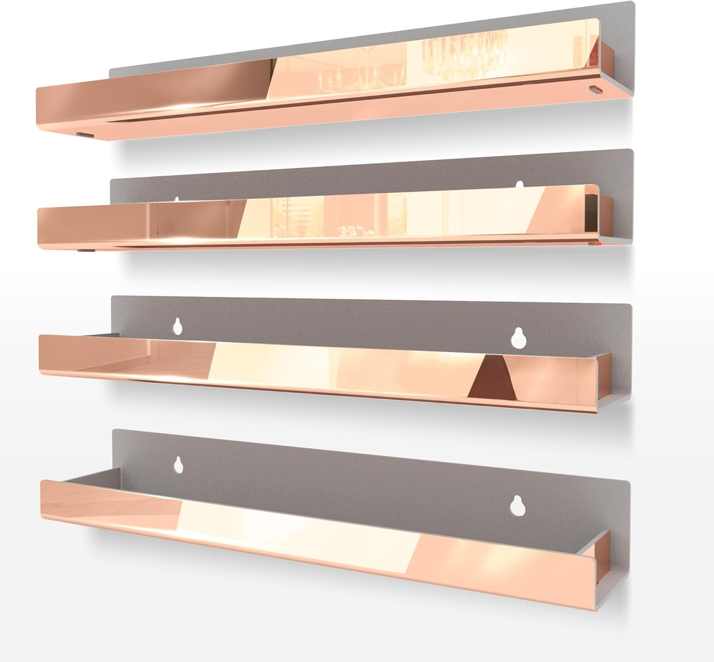 4 Pack 15 Inch Rose Gold Reflective Acrylic Shelves, Rose Gold Floating Shelves, Modern Sunglasses Essential Oil Picture Ledge Display Toy Storage Shelf