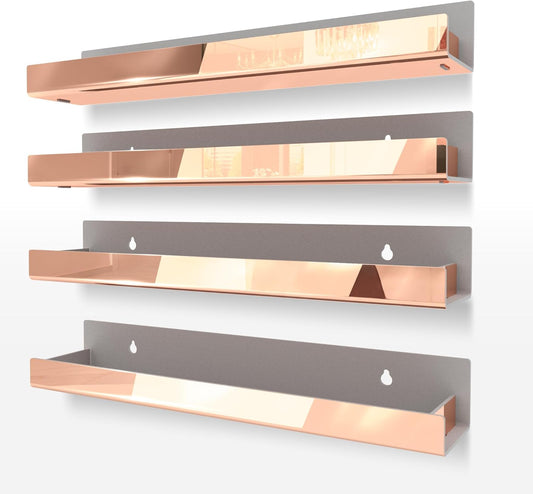 4 Pack 15 Inch Rose Gold Reflective Acrylic Shelves, Rose Gold Floating Shelves, Modern Sunglasses Essential Oil Picture Ledge Display Toy Storage Shelf