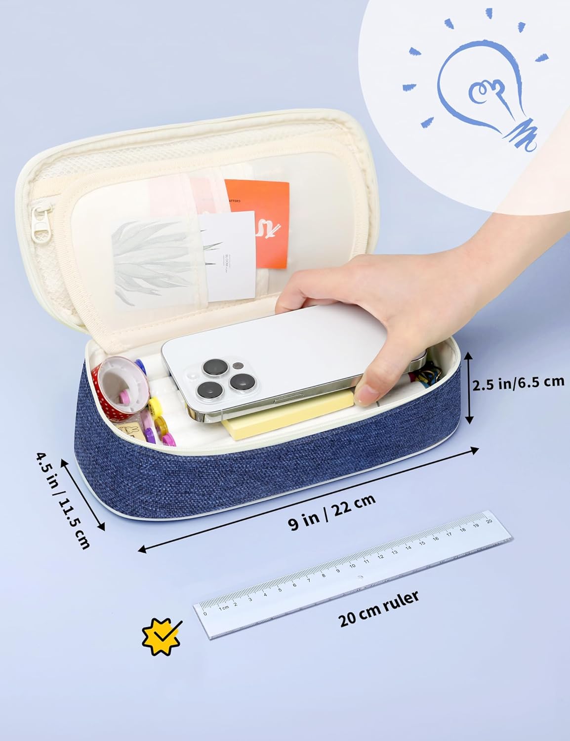 SUNEE Cute Pencil Case, Aesthetic Pen Pouch, Colored Large Pencil Bag with Zipper, Kawaii Stationery Storage and Organizer, School Supplies for Teen and Adult Girls, Navy Blue