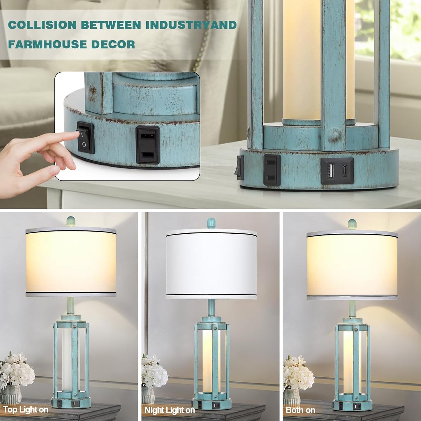 Farmhouse Lamps Set of 2, 26" Vintage Rustic Industrial Beside Lamps with USB A+C Charging Ports & AC Outlet, Nightstand Metal Lamp with LED Night Light & Fabric Shade for Living Room Bedrooms Blue