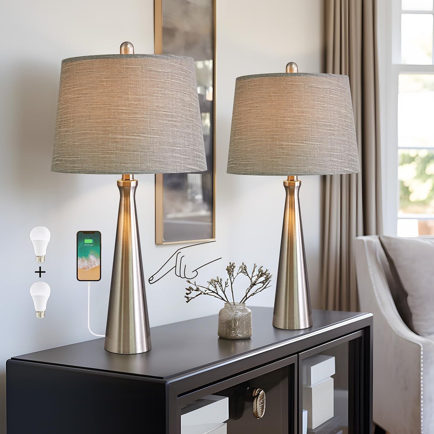 Oneach 25.75" Table Lamps Set of 2 for Living Room Bedroom, Bedside Lamp 3-Way Dimmable Touch Control, Modern Silver Nightstand Light Fabric Shade Vintage Accent Style