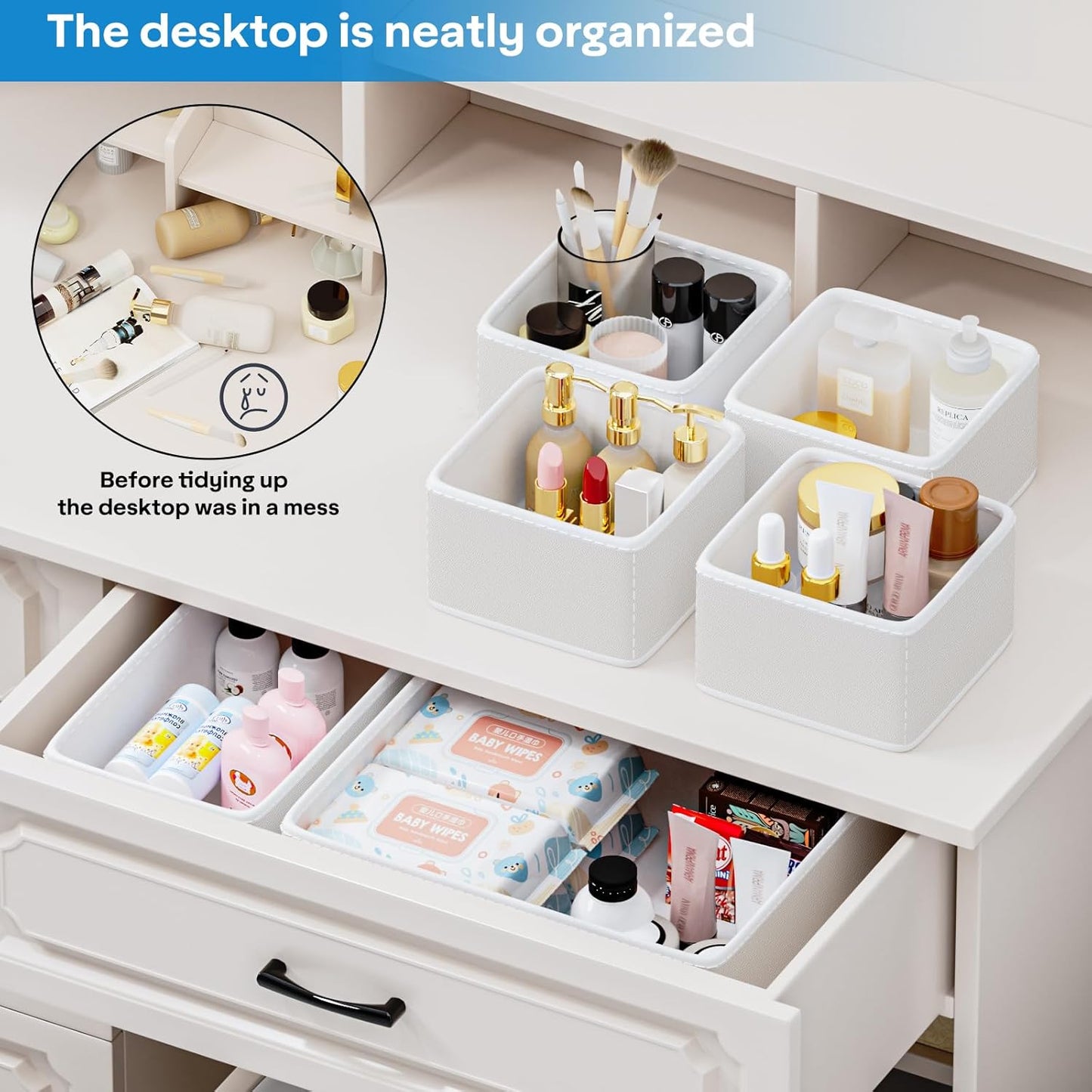 Vegan Leather Drawer Organizers,12 Pack Makeup Storage boxes,Vanity Drawer Luxury upgrade,Bedroom fabric Drawers replacement,bathroom organization and storage Optimal solution