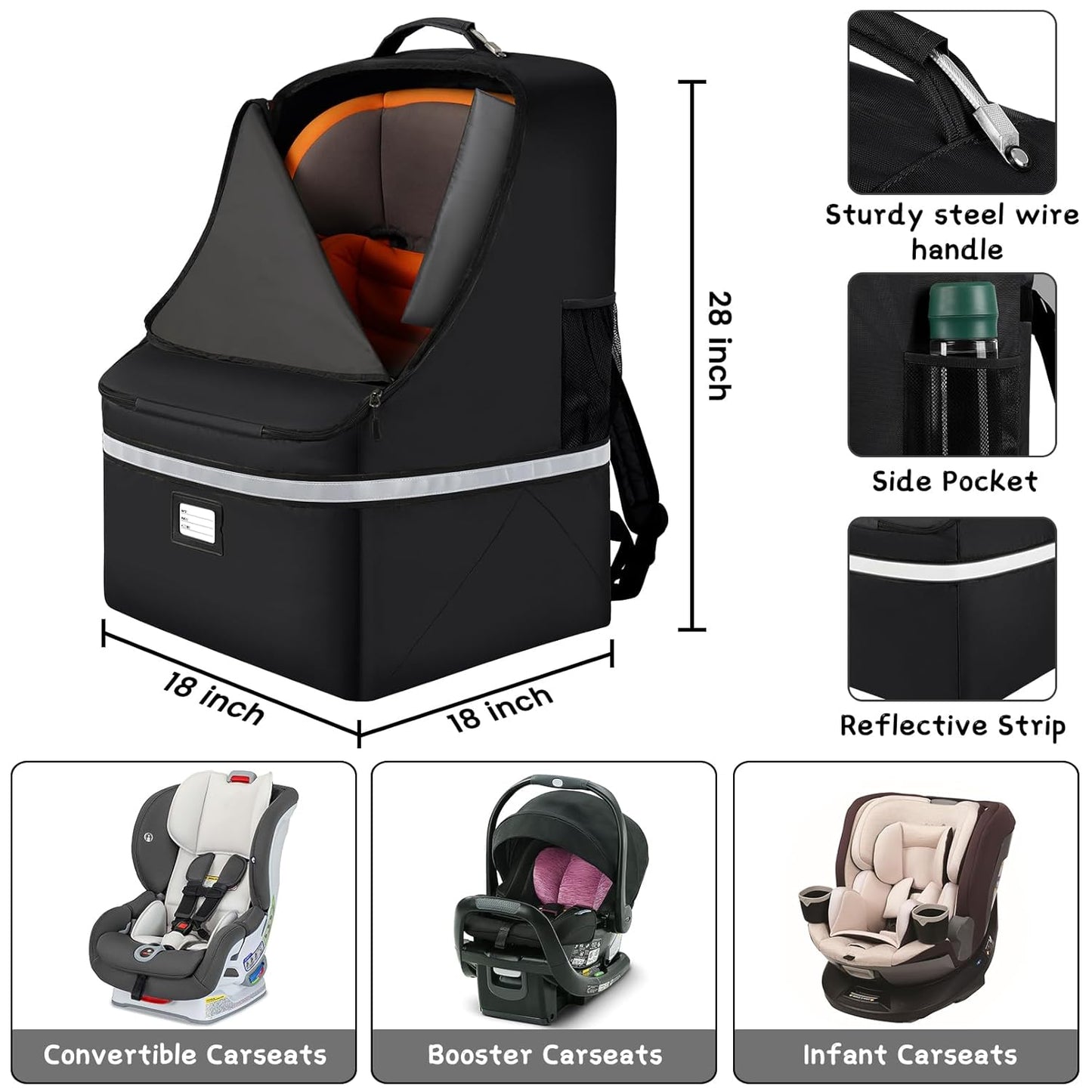 Car Seat Travel Bag,Padded Car Seats Backpack with Steel Cable Handle and Reflective Stripes, Large Durable Carseat Carrier Bag,Airport Gate Check Bag,Infant Seat Travel Bag with Shoulder Strap,Black