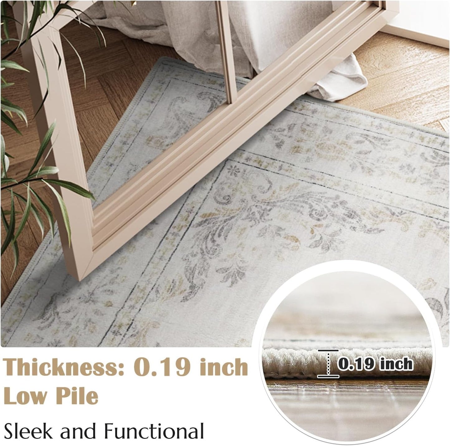 jinchan Vintage Floral Runner Rug 2x6 - Machine Washable Distressed Design Non-Slip Low-Pile Soft Thin Carpet for Hallway Kitchen Farmhouse Bedroom Entryway Laundry Room (2x6ft,Light Grey)